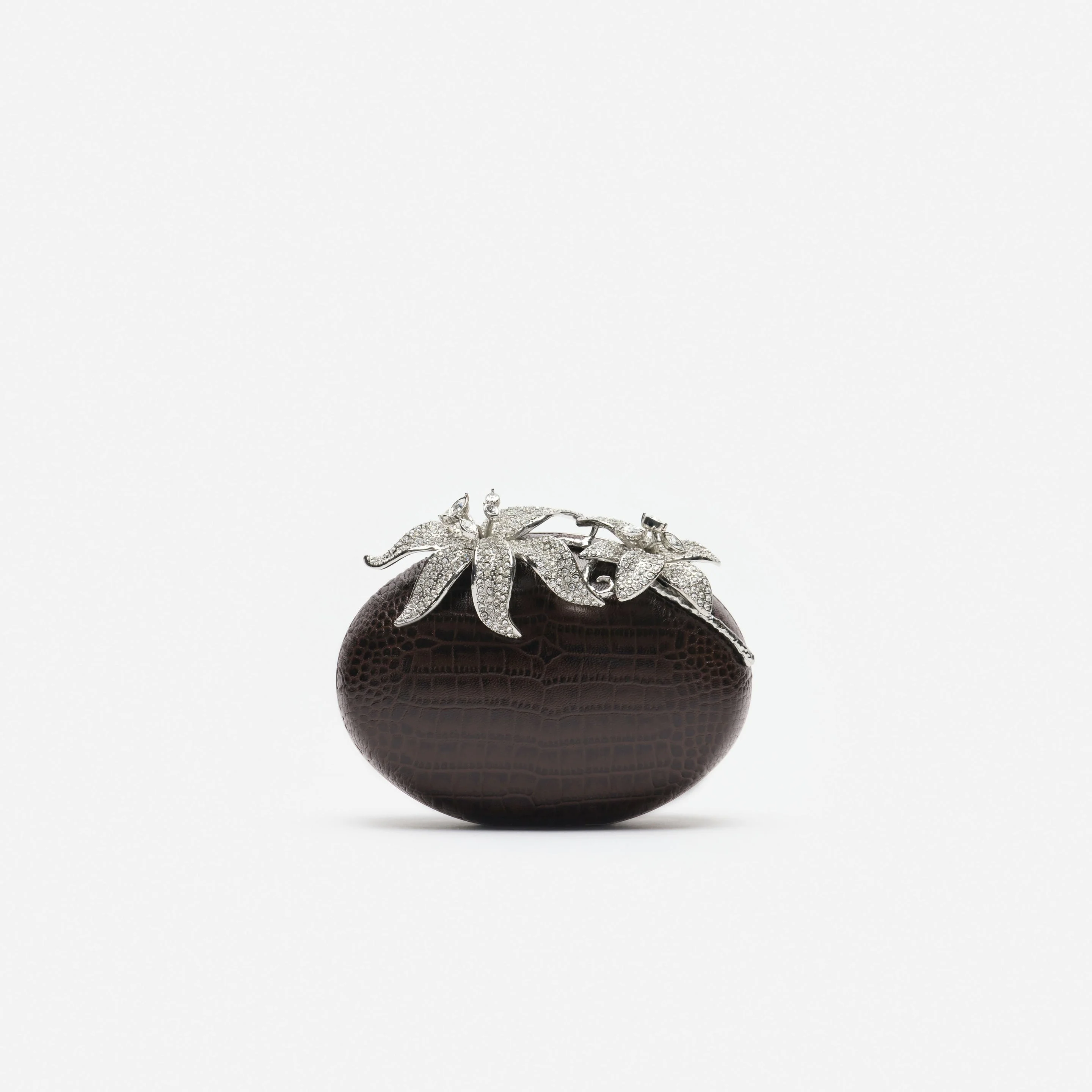 Brown Leather Crystal Flower Oval Clutch Bag - 1