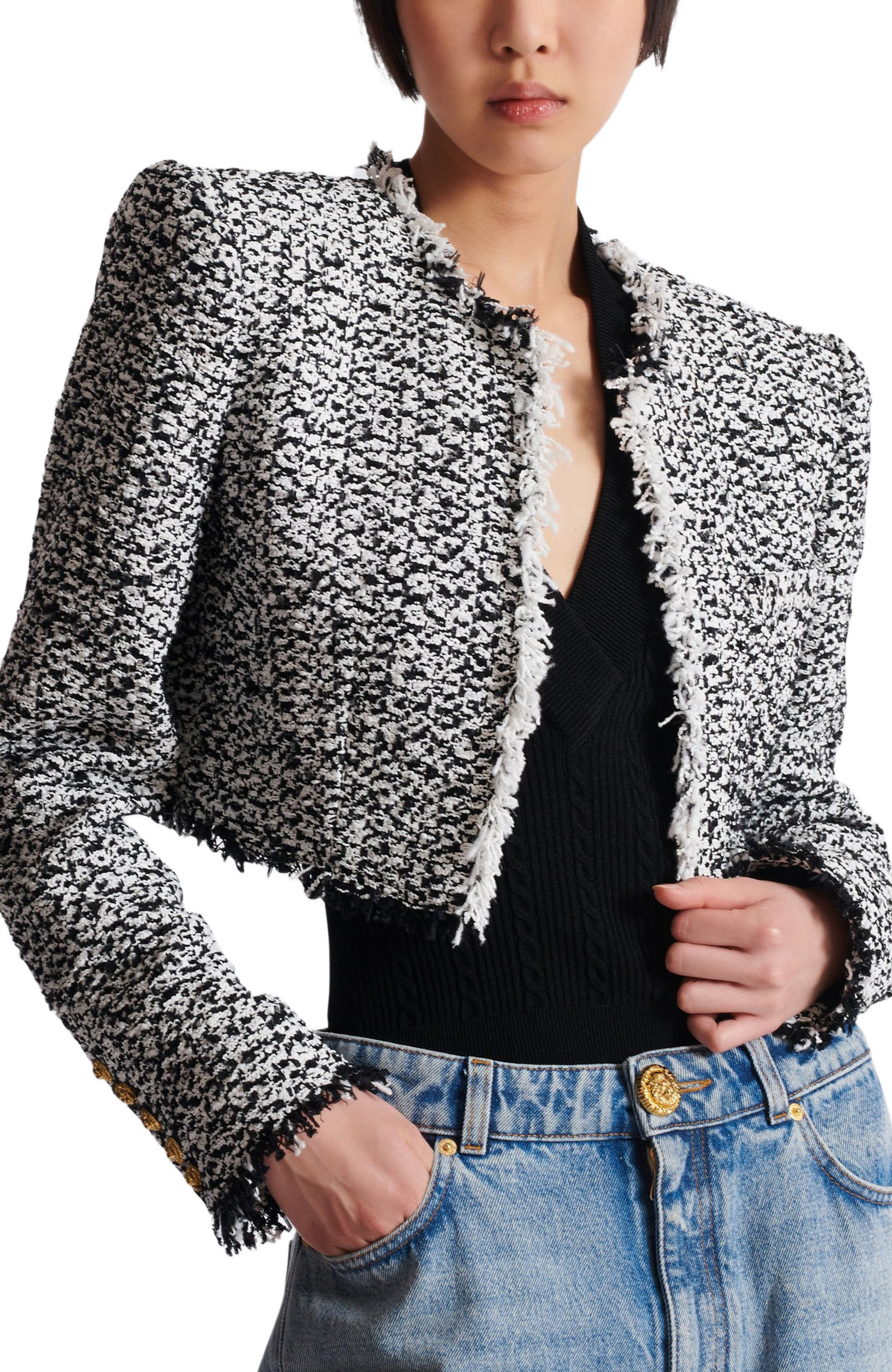 Balmain Cropped Tweed Jacket in Black at Nordstrom - 4