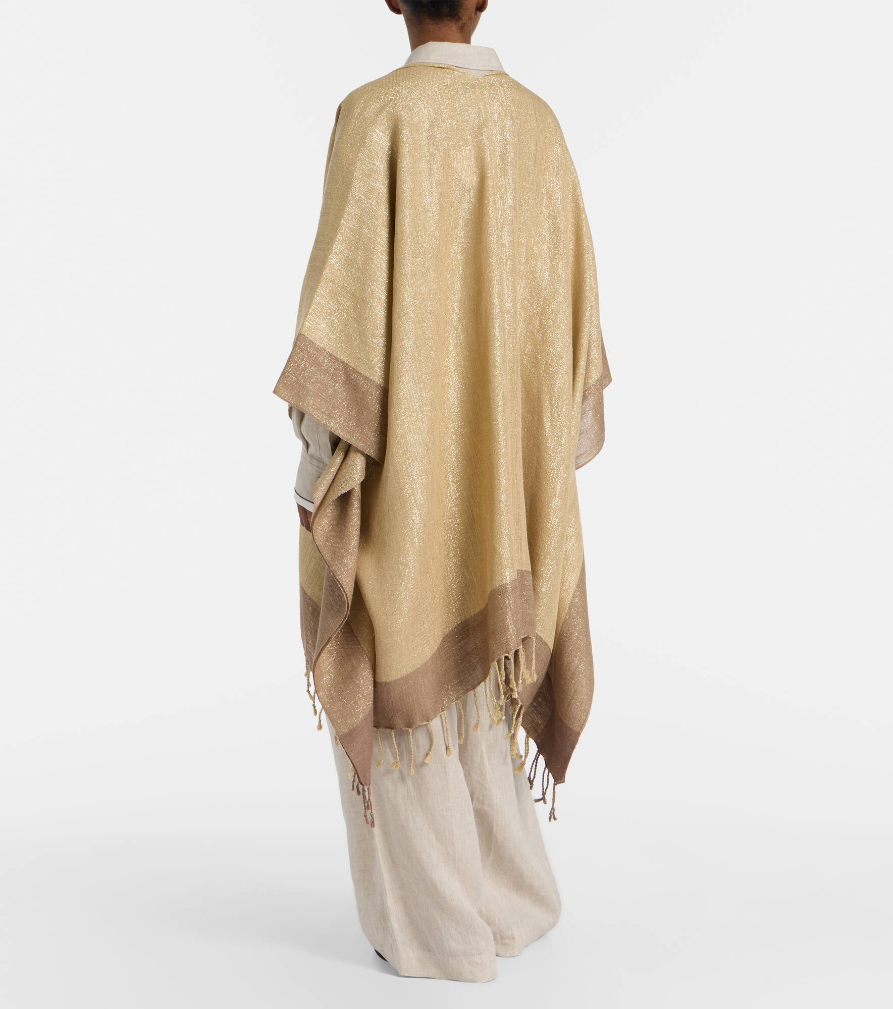 Fringed linen-blend lamé poncho - 3