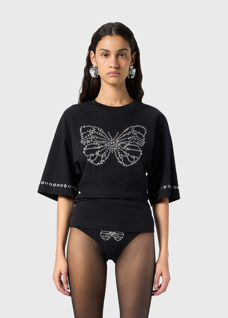 Blumarine T-SHIRT WITH EMBROIDERED BUTTERFLY IN STUDS AND EYELETS outlook