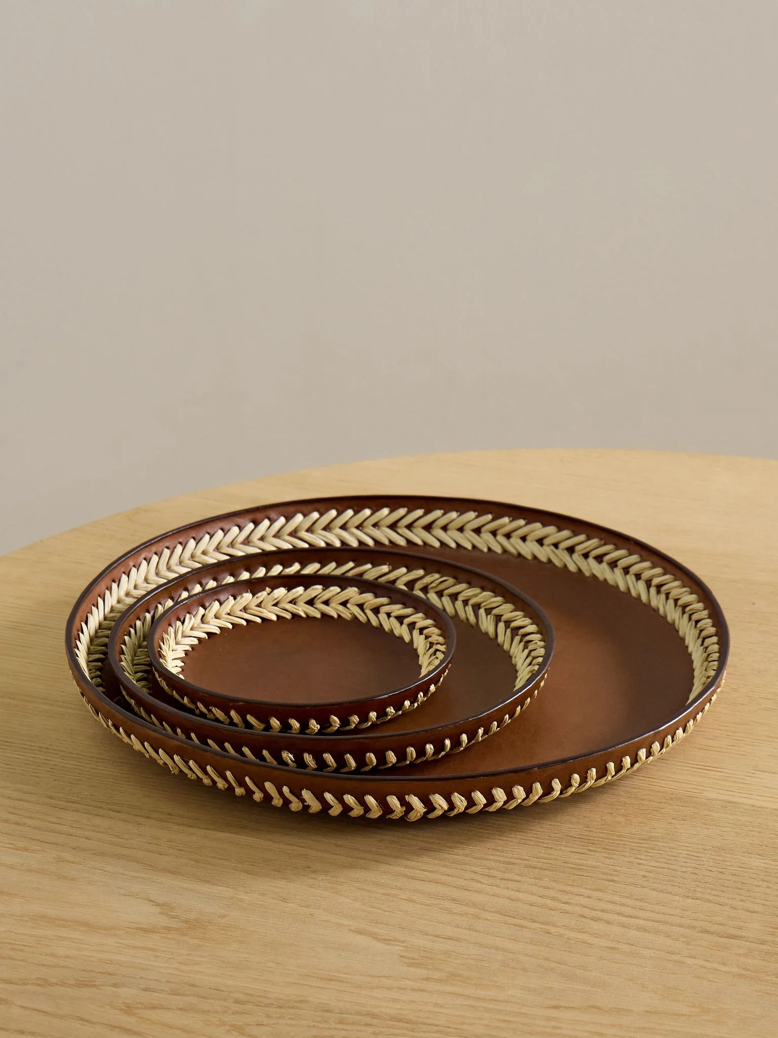 Set of three whipstitched leather trays Brown - 1