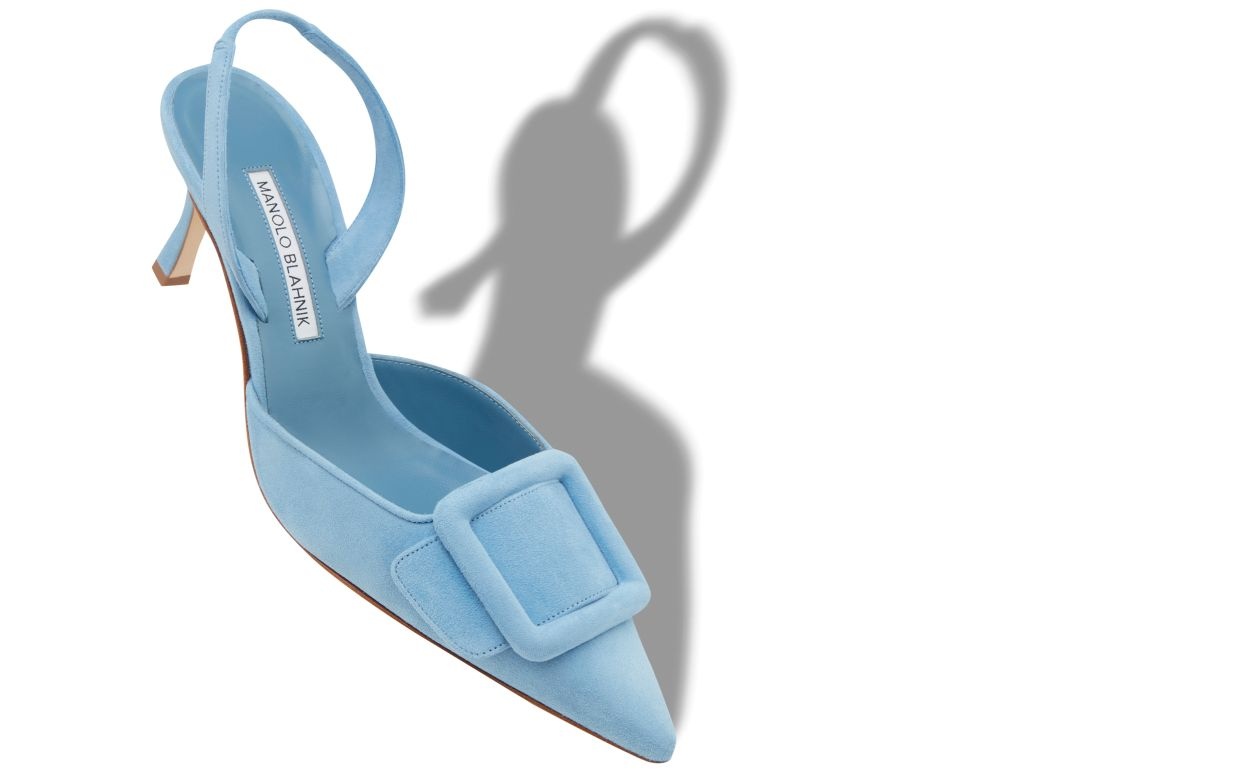 Light Blue Suede Buckle Detail Slingback Pumps - 2