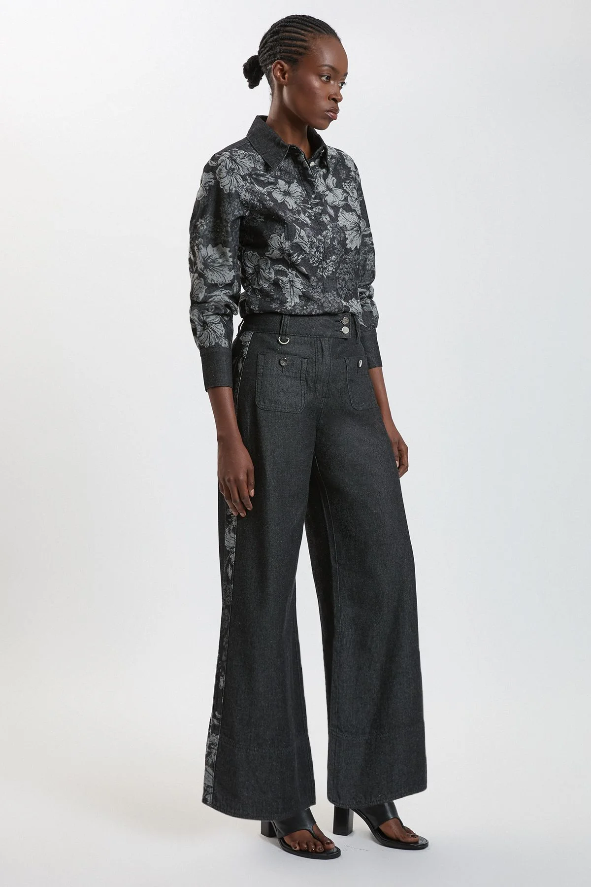 Denim & Jacquard Contrast Wide Leg Jean - 1