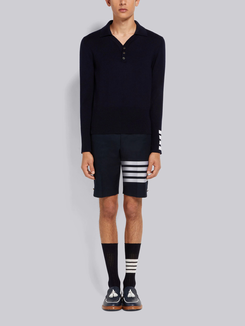 Navy Fine Merino Wool 4-Bar Cuff Long Sleeve Polo 4