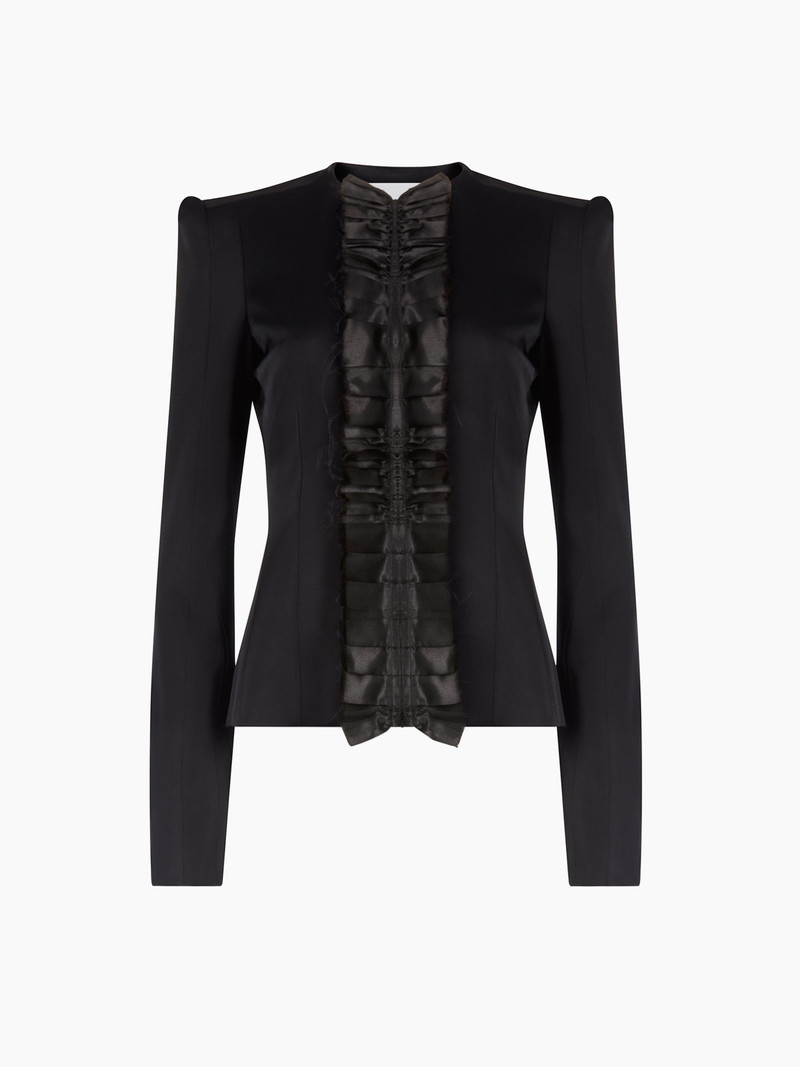 Black Crepe Satin Jacket With Front Pleat 5