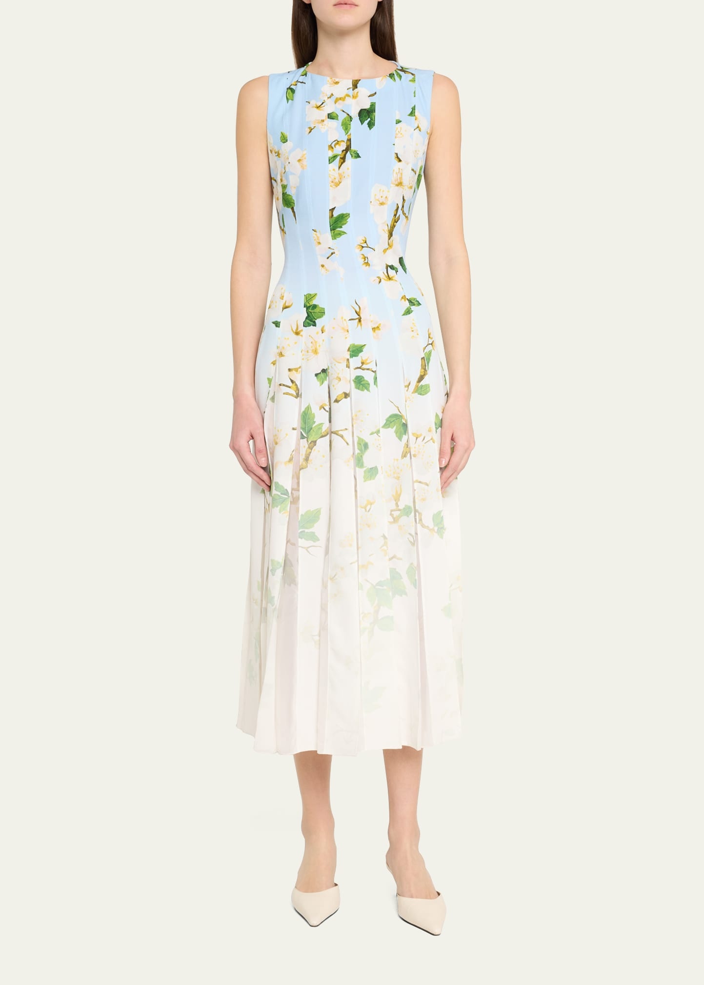 Sleeveless Cherry Blossom Pleated Cady Midi Dress - 2