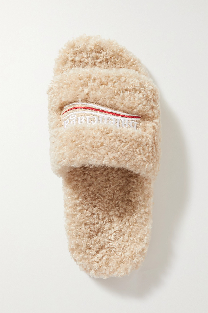 BALENCIAGA Furry logo-embroidered faux shearling slides outlook