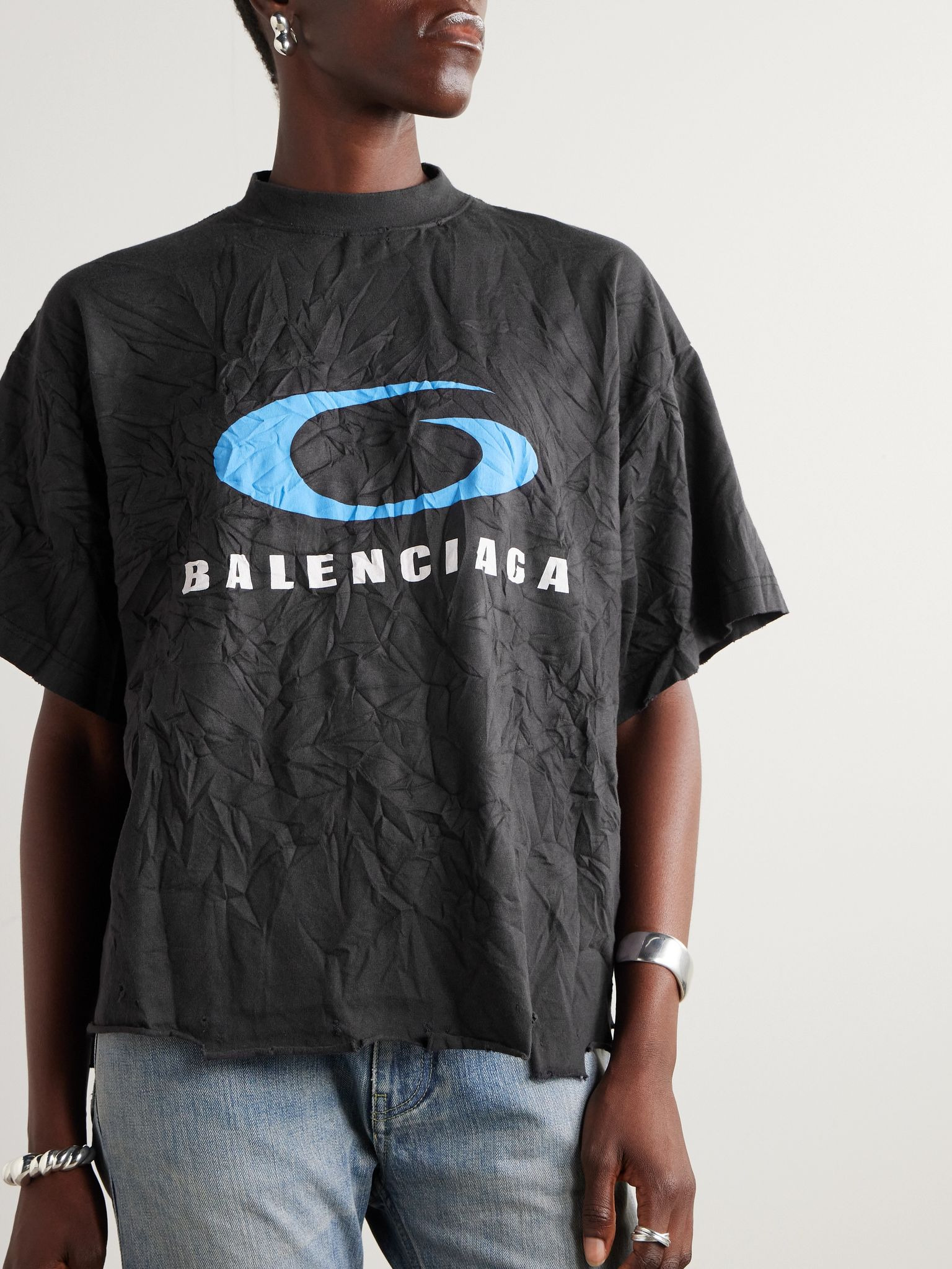 Cropped distressed printed cotton-jersey T-shirt Black - 3