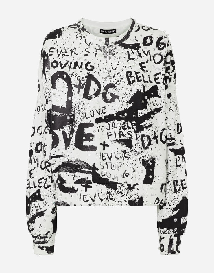 Jersey sweatshirt with DG graffiti print with pearl and stud embellishment - 1