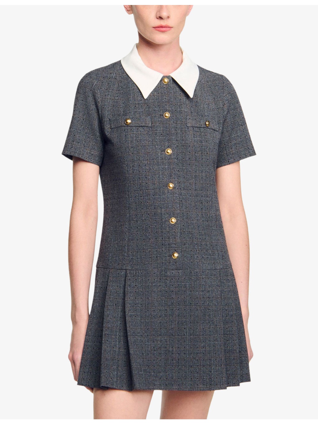 Rhinestone-Embellished Short-Sleeve Pleated Stretch-Woven Mini Dress - 3