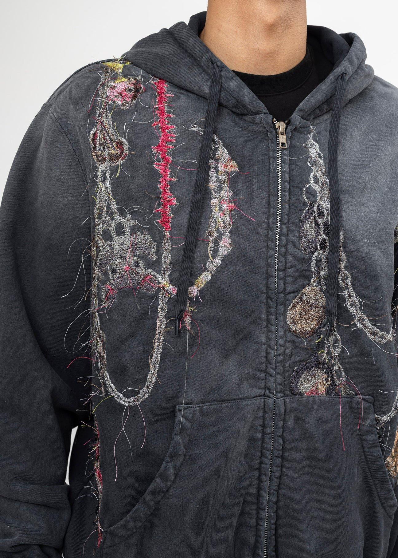 BLACK DOUBLET EMBROIDERED CHAIN ZIP-UP HOODIE - 4