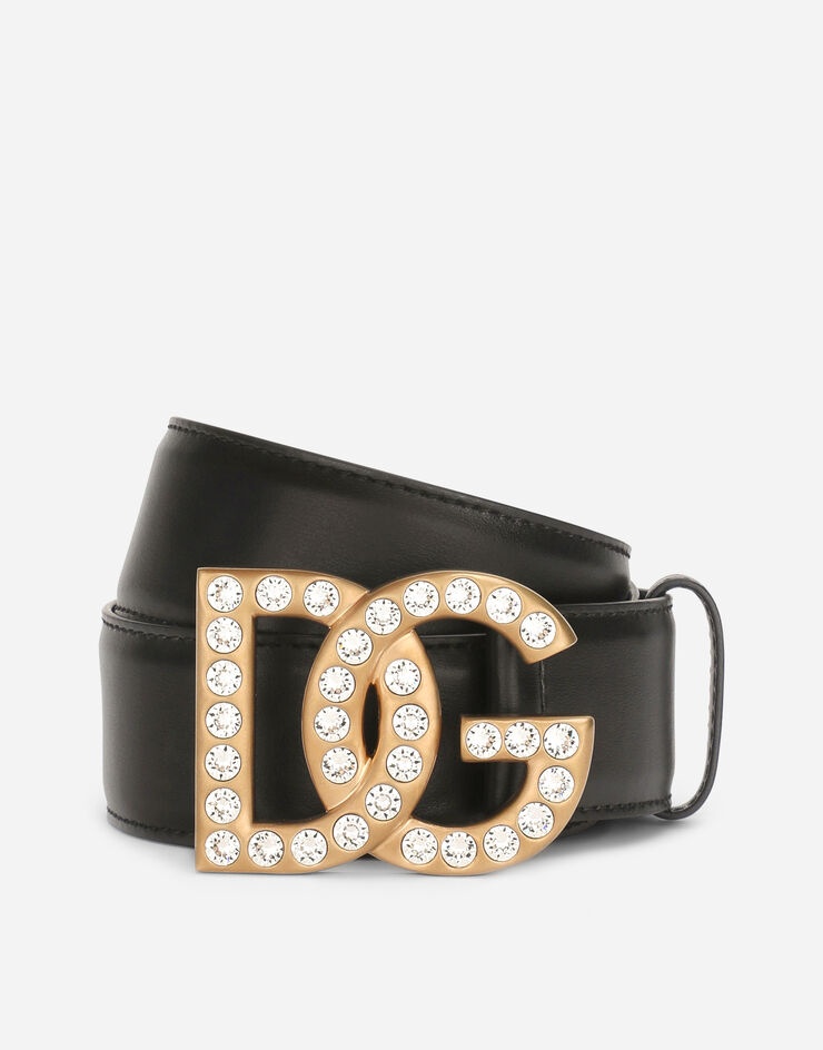 Calfskin belt with rhinestone DG buckle logo - 1