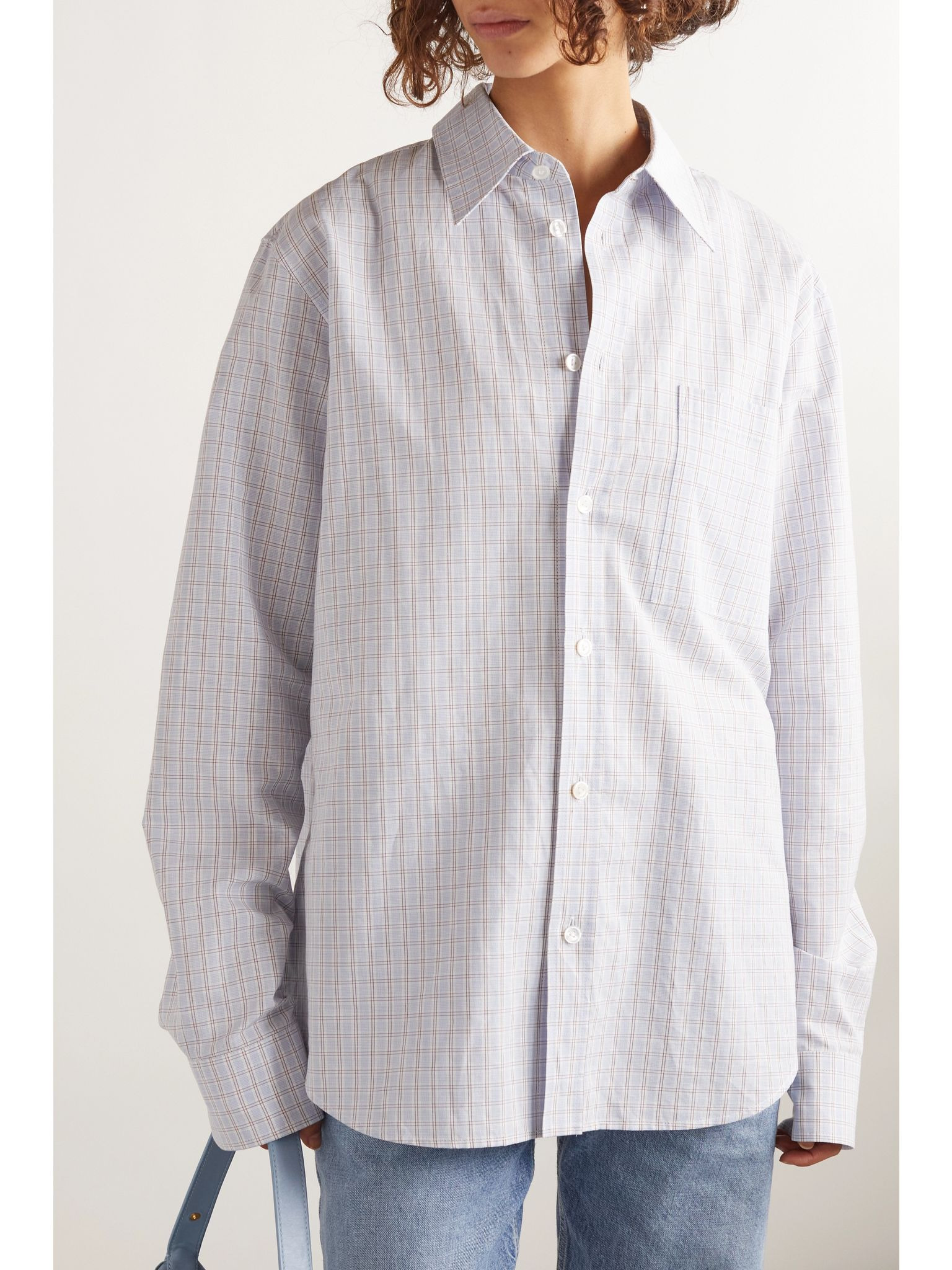 Checked cotton and linen-blend shirt Light blue - 3