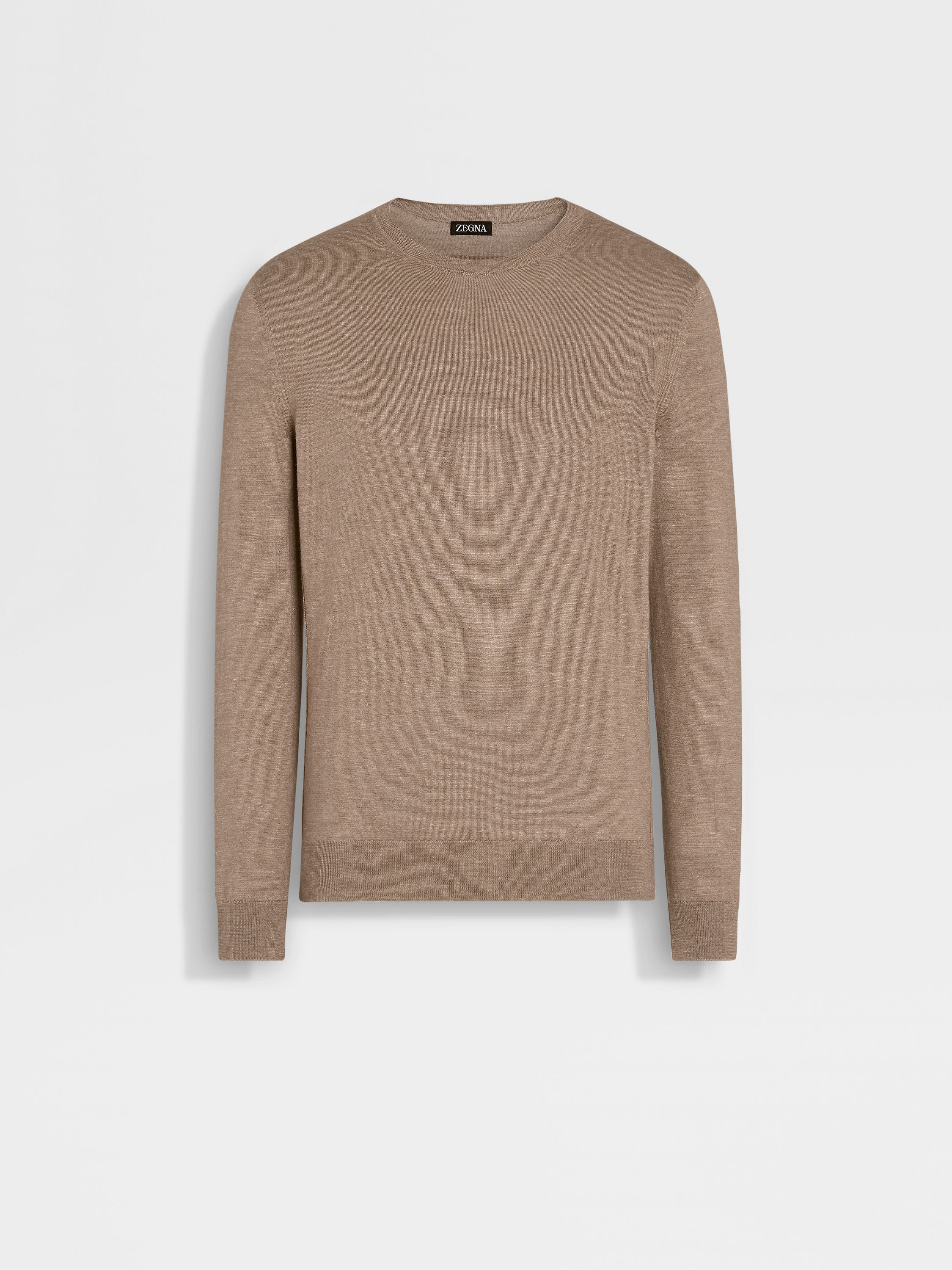 LIGHT BROWN MÉLANGE SILK CASHMERE AND LINEN CREWNECK - 1