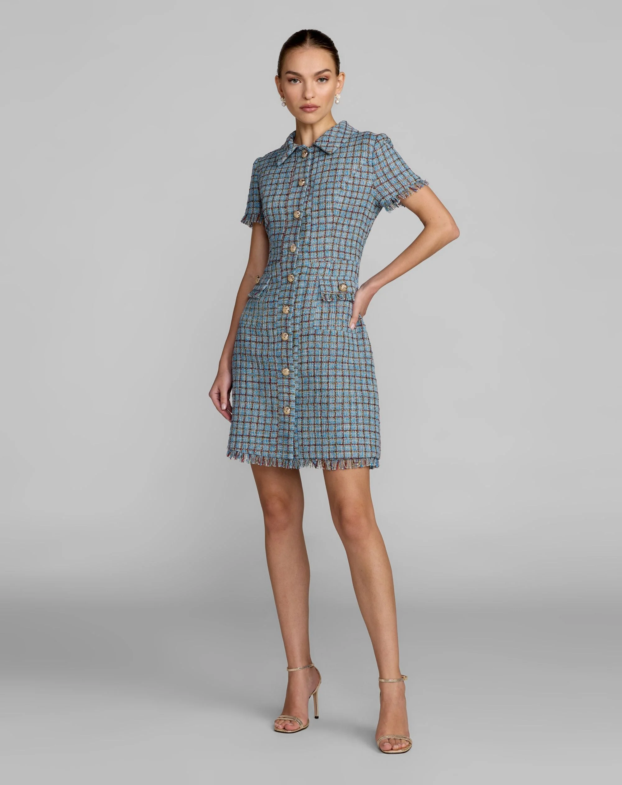 Blue Short Sleeve Collared Mini Dress - 1
