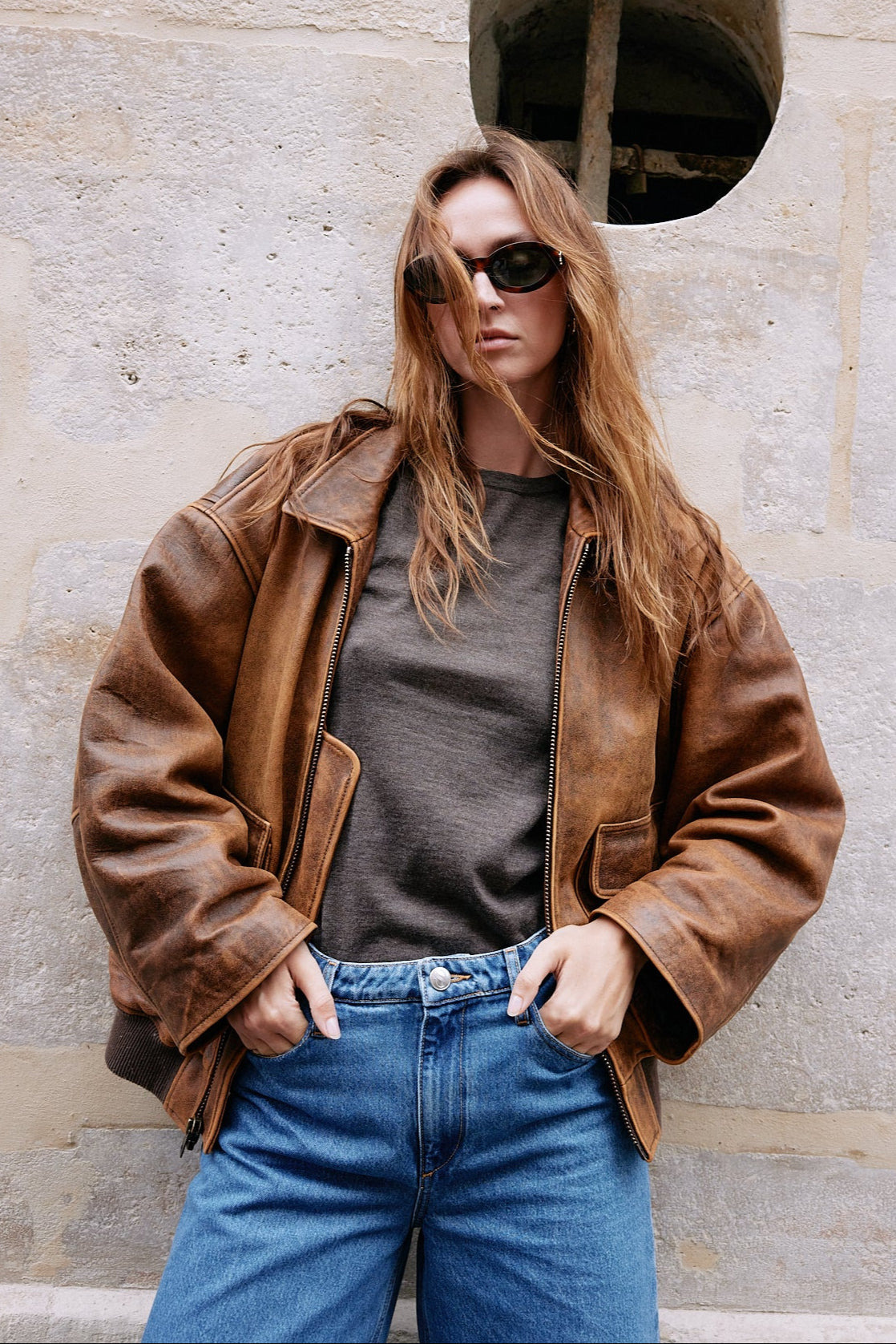 BROWN DISTRESSED LEATHER AVIATOR JACKET - 5