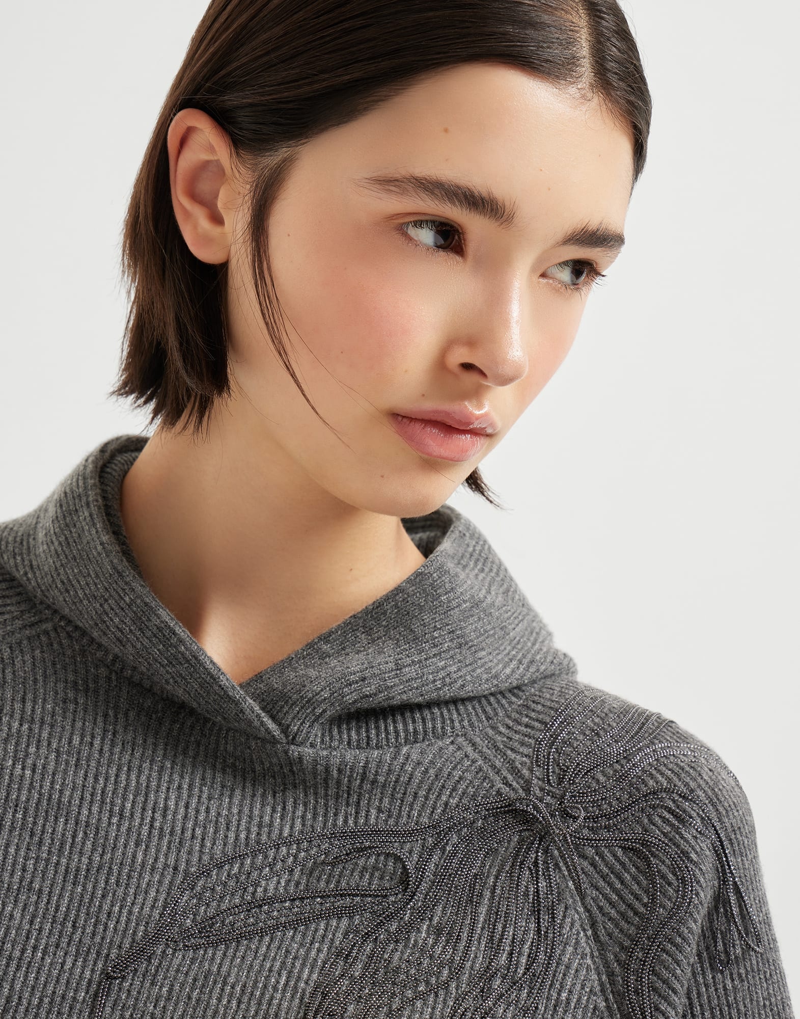 Cashmere English rib hooded sweater with shiny flower embroidery - 3