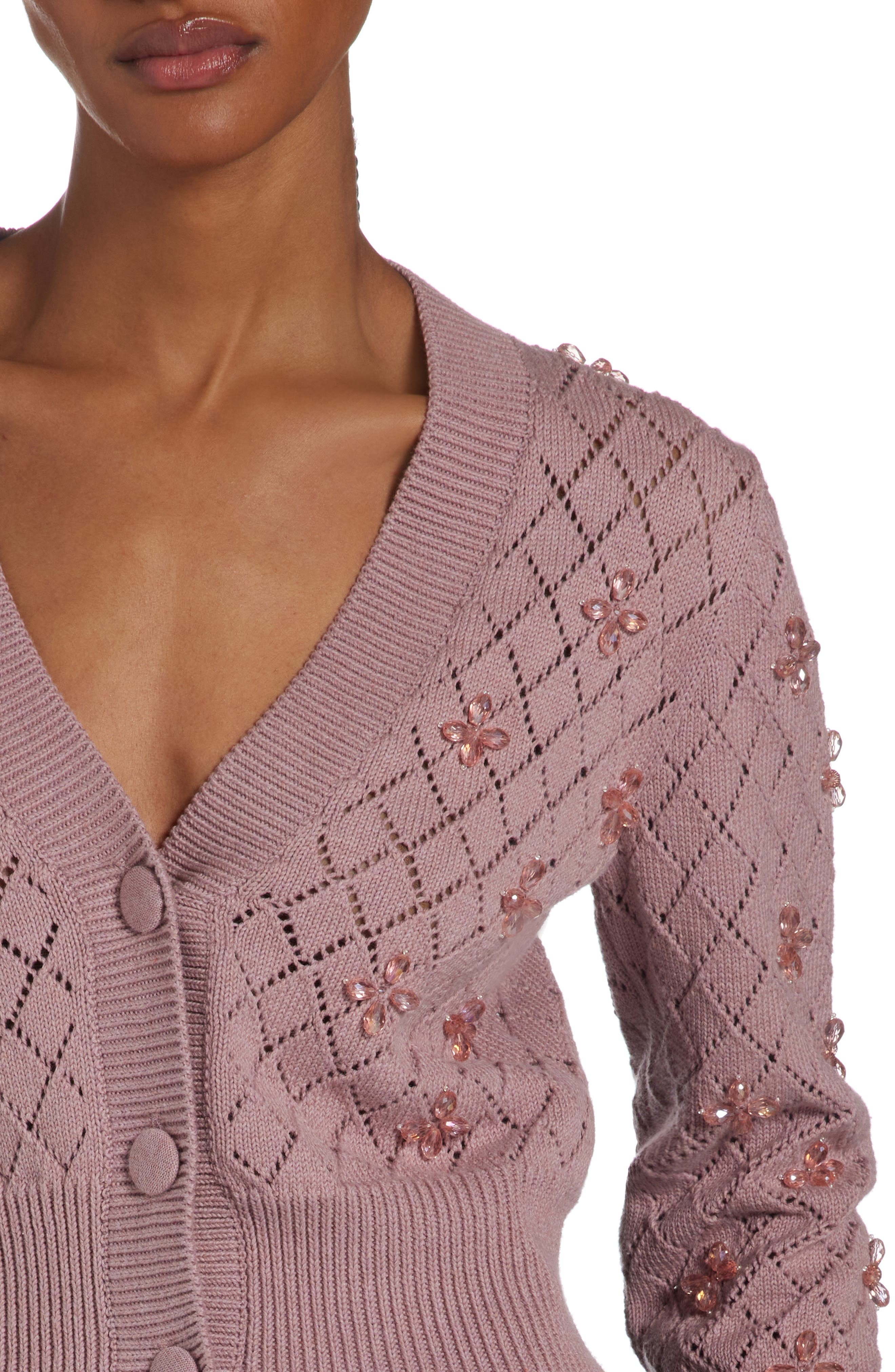 Embellished Pointelle Crop Cotton V-Neck Cardigan - 5