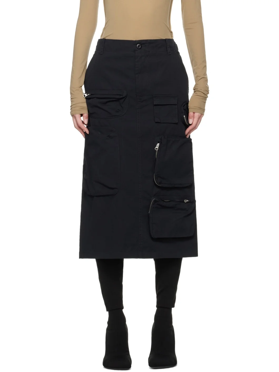 Black Pocket Midi Skirt - 1
