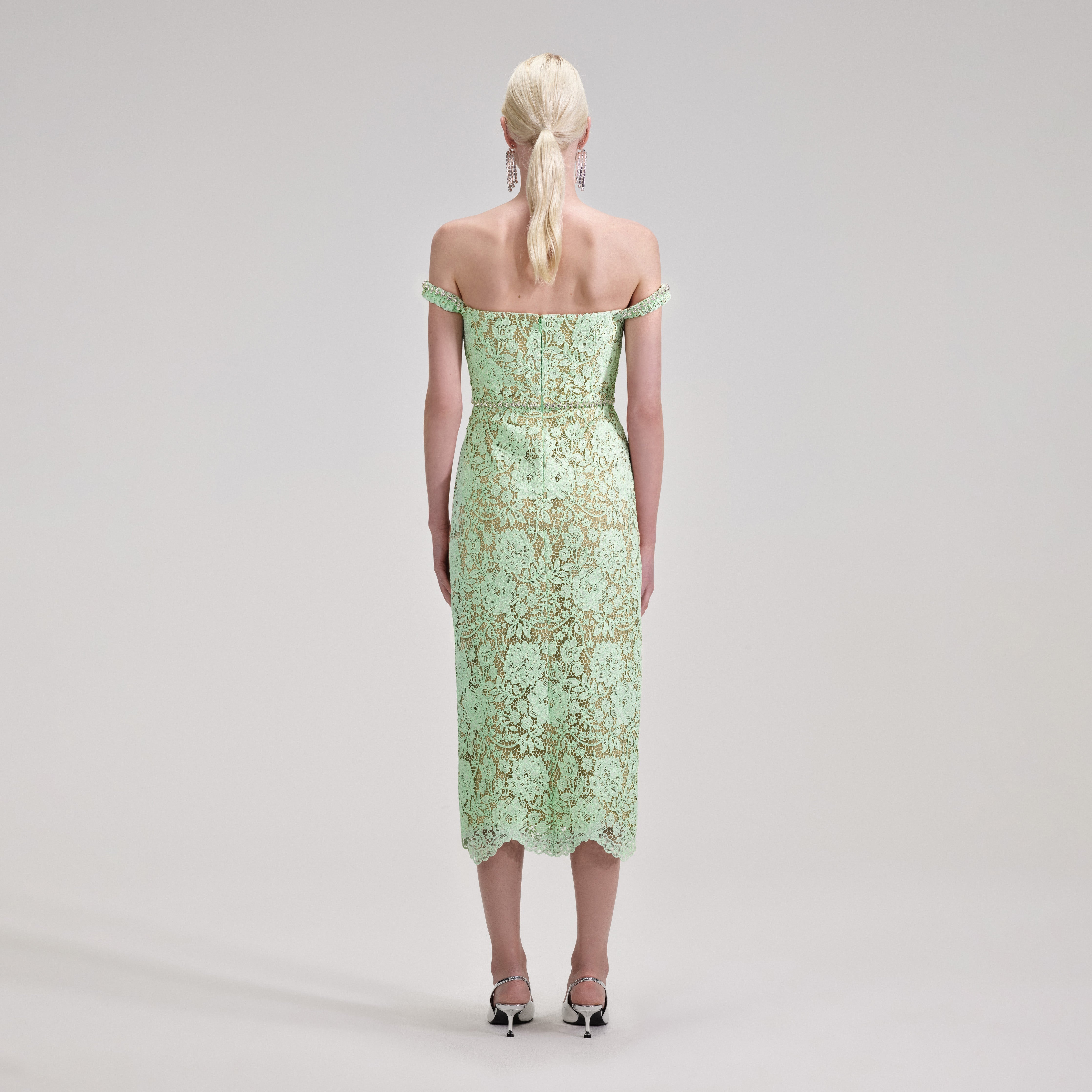 Green Cord Lace Diamante Midi Dress - 3