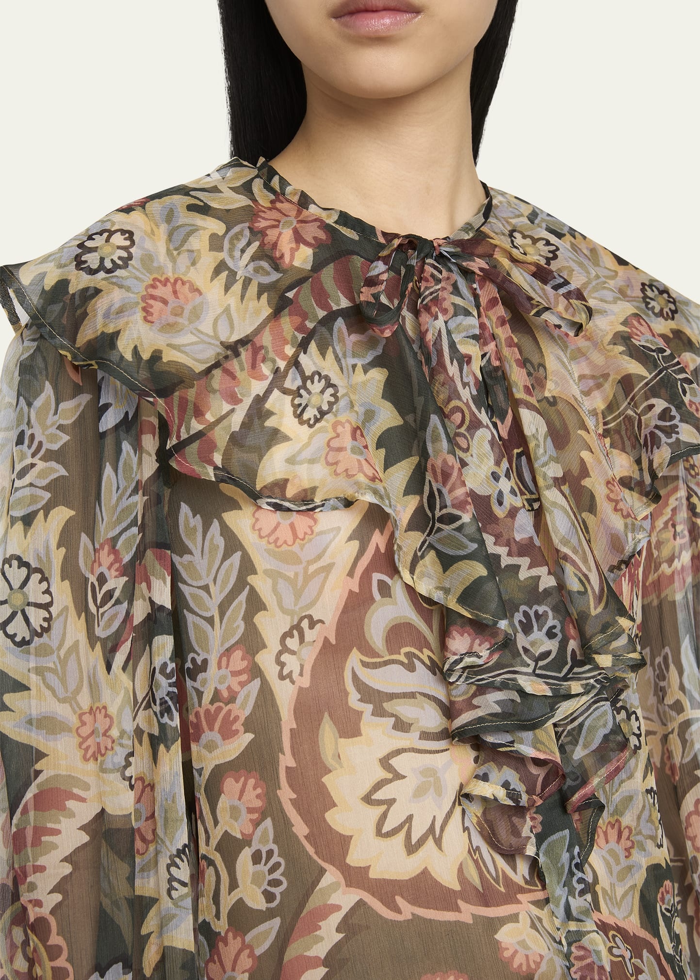 Printed Ruffle Button Down Silk Blouse - 5