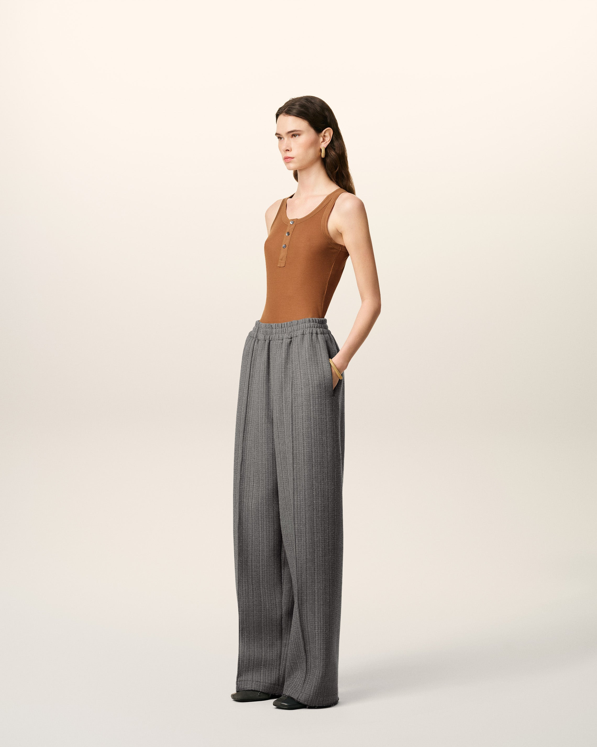 GREY WOOL HERRINGBONE ELASTICATED TROUSERS - 6