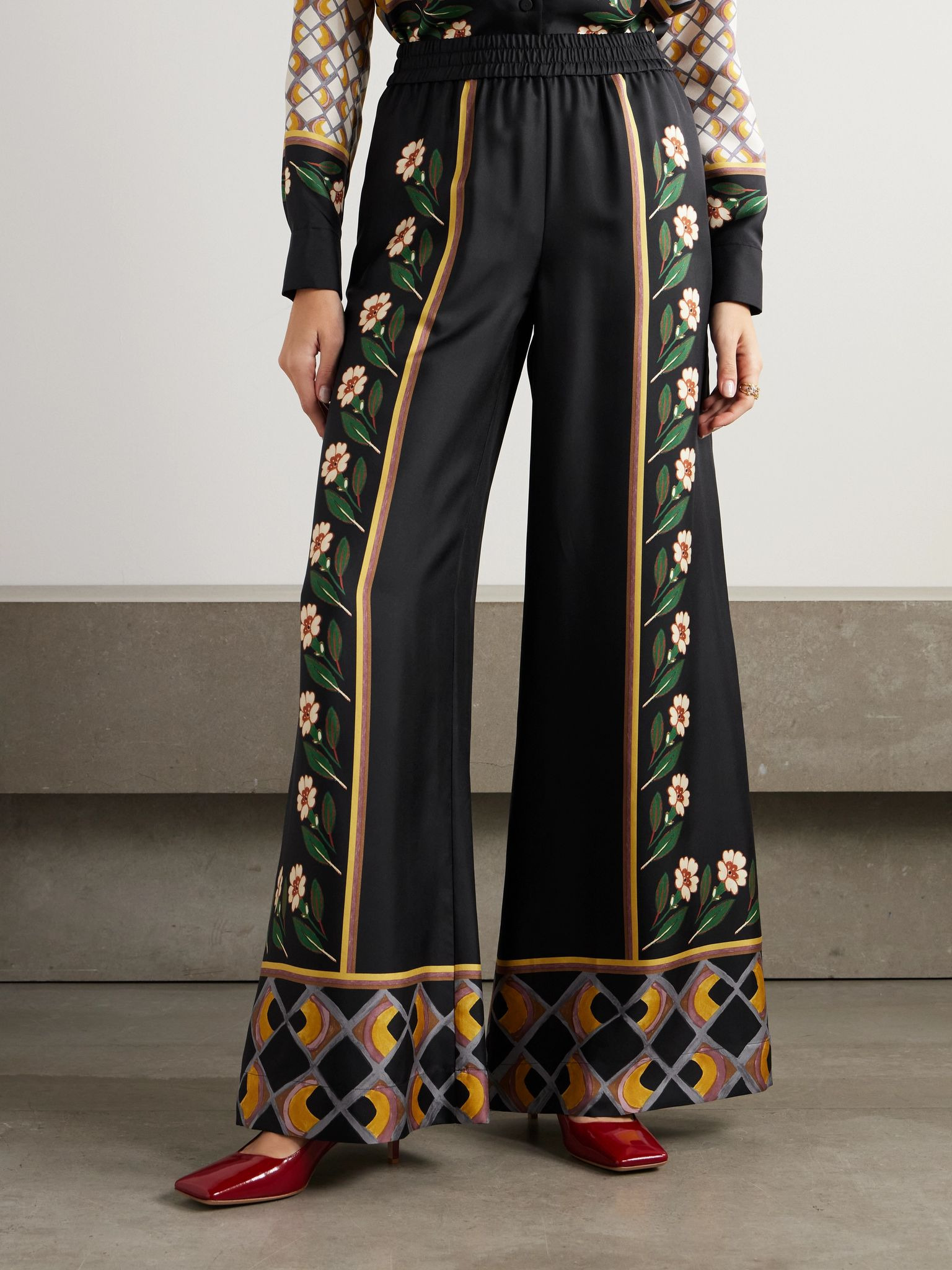 Icon Palazzo printed silk-twill wide-leg pants Black - 3