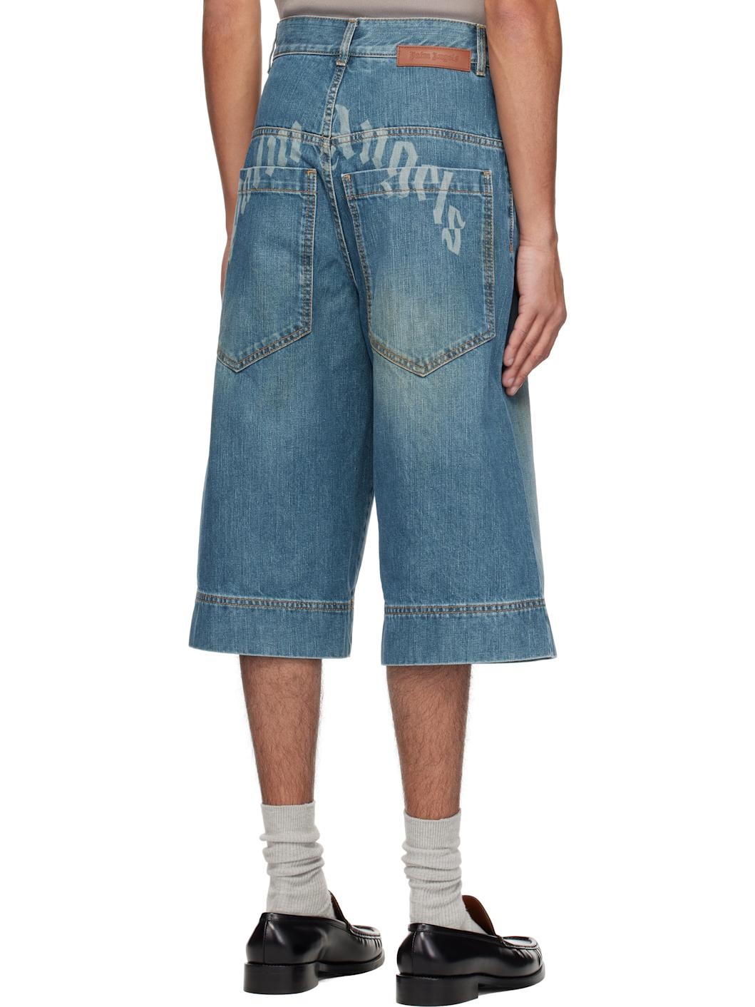 Blue Lasered Curved Logo Denim Shorts - 3