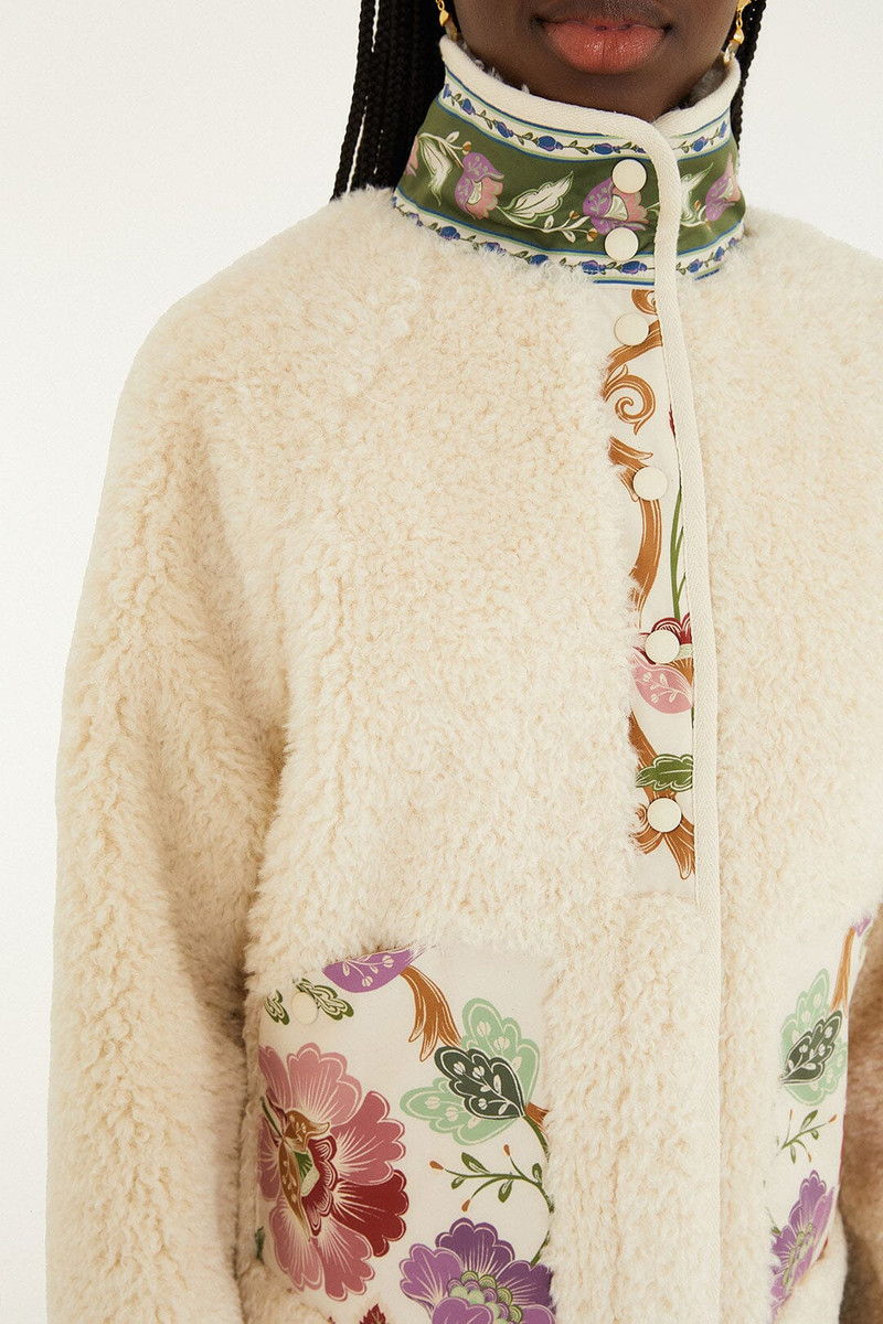 Cream Rococo Flowers Bomber Fleece Jacket 4
