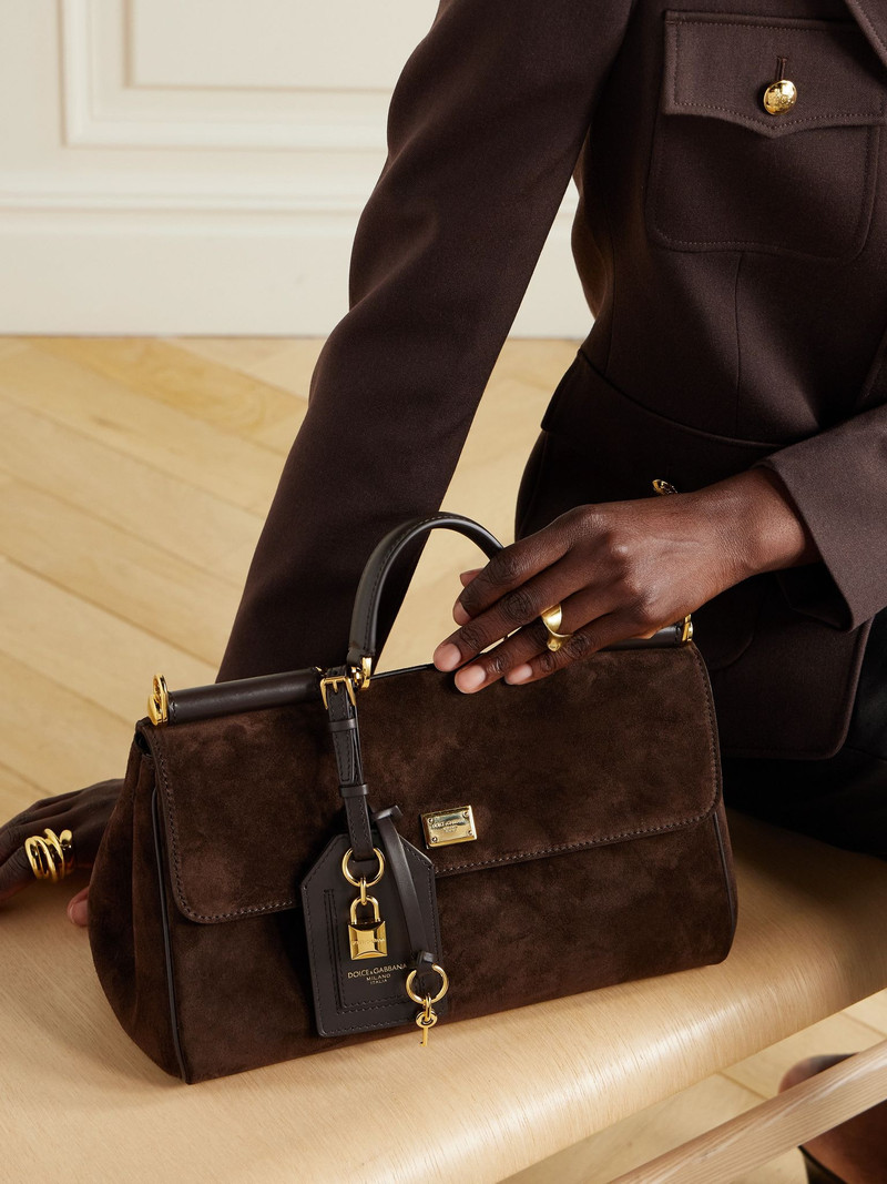 Dolce & Gabbana Sicily small leather-trimmed suede shoulder bag Dark brown outlook