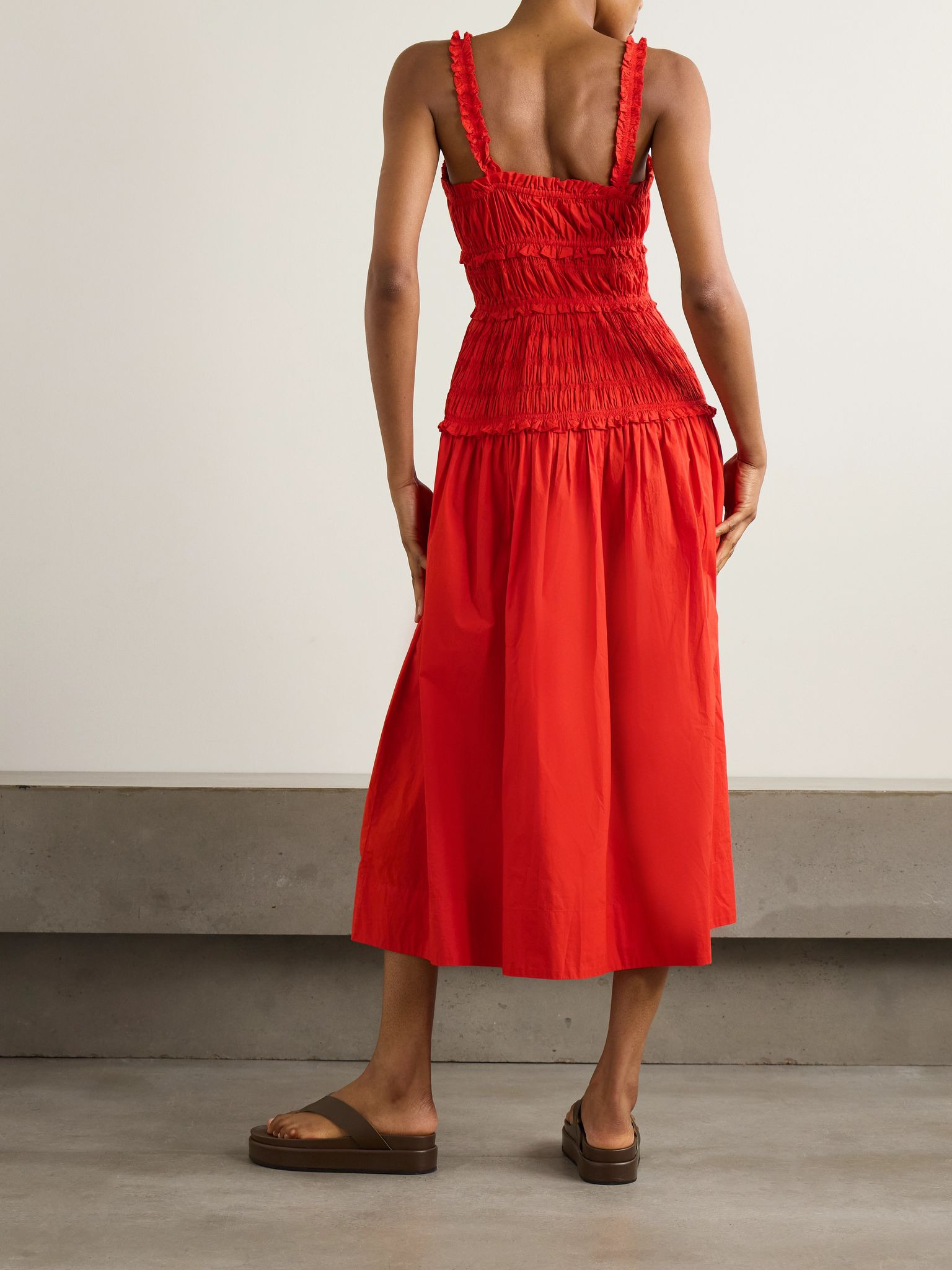 Marianne shirred cotton-poplin midi dress Red - 3