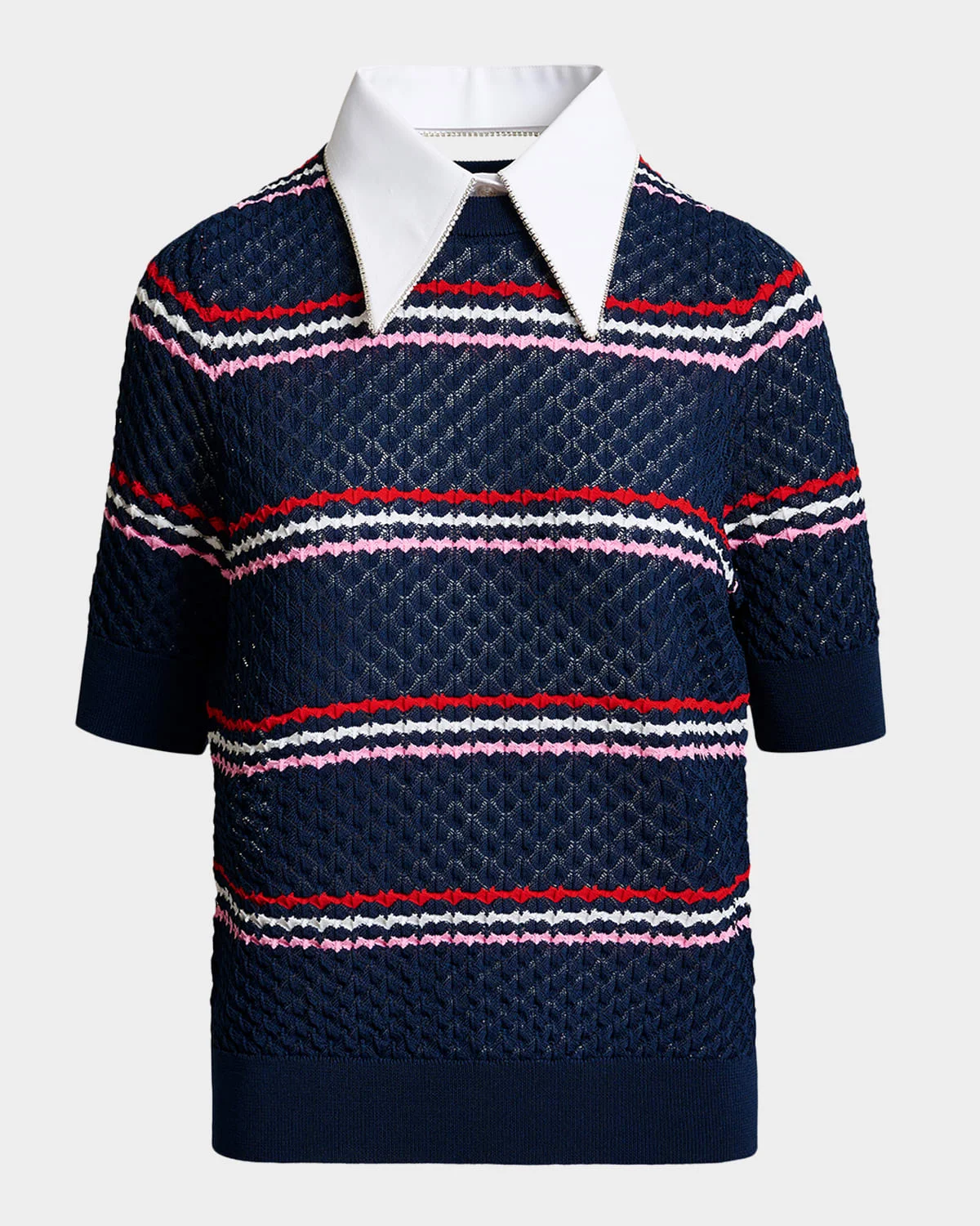 Jantasy Striped Honeycomb Knit Embellished Collar Polo - 1