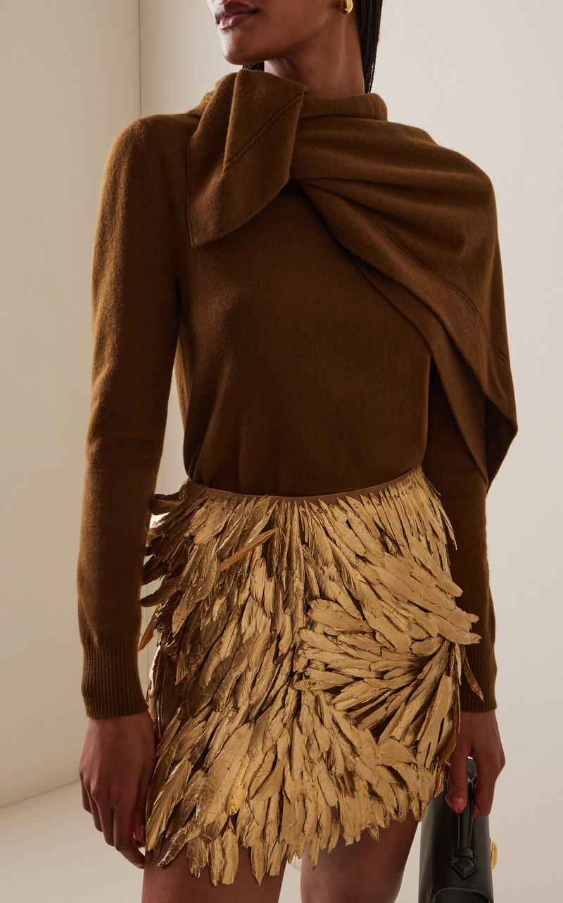 Oscar de la Renta Scarf-Detailed Cashmere Sweater brown outlook