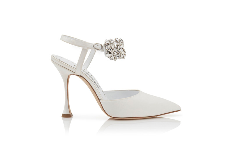 Cream Satin Embellished Ankle Strap Pumps 1