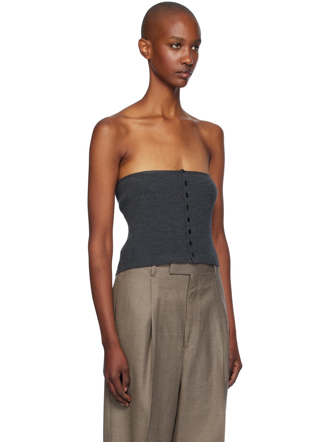 AURALEE Gray Super Fine Wool High Gauge Rib Knit Bandeau Top | REVERSIBLE