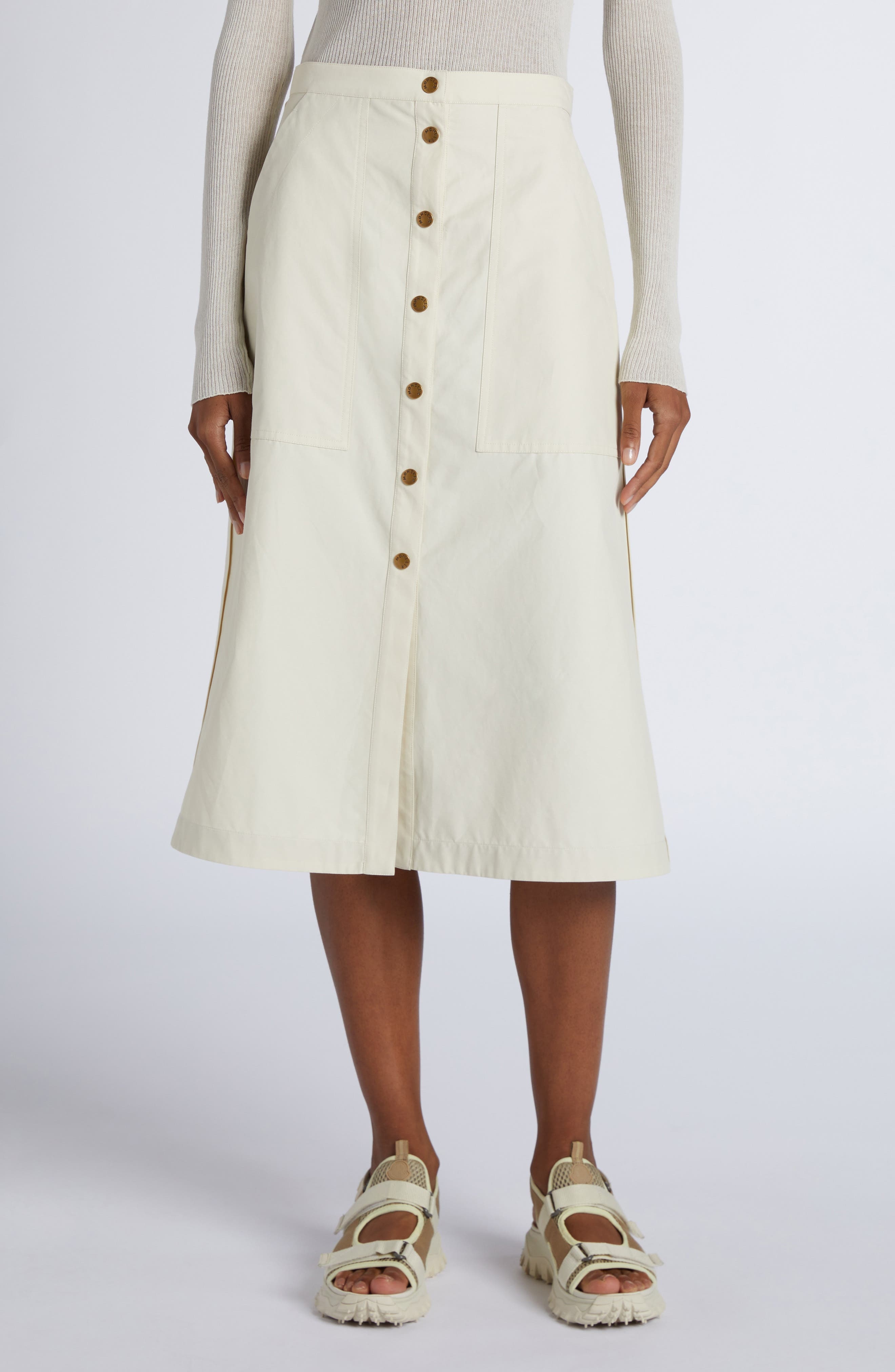 Moncler Snap Front Twill A-Line Skirt in White at Nordstrom - 1