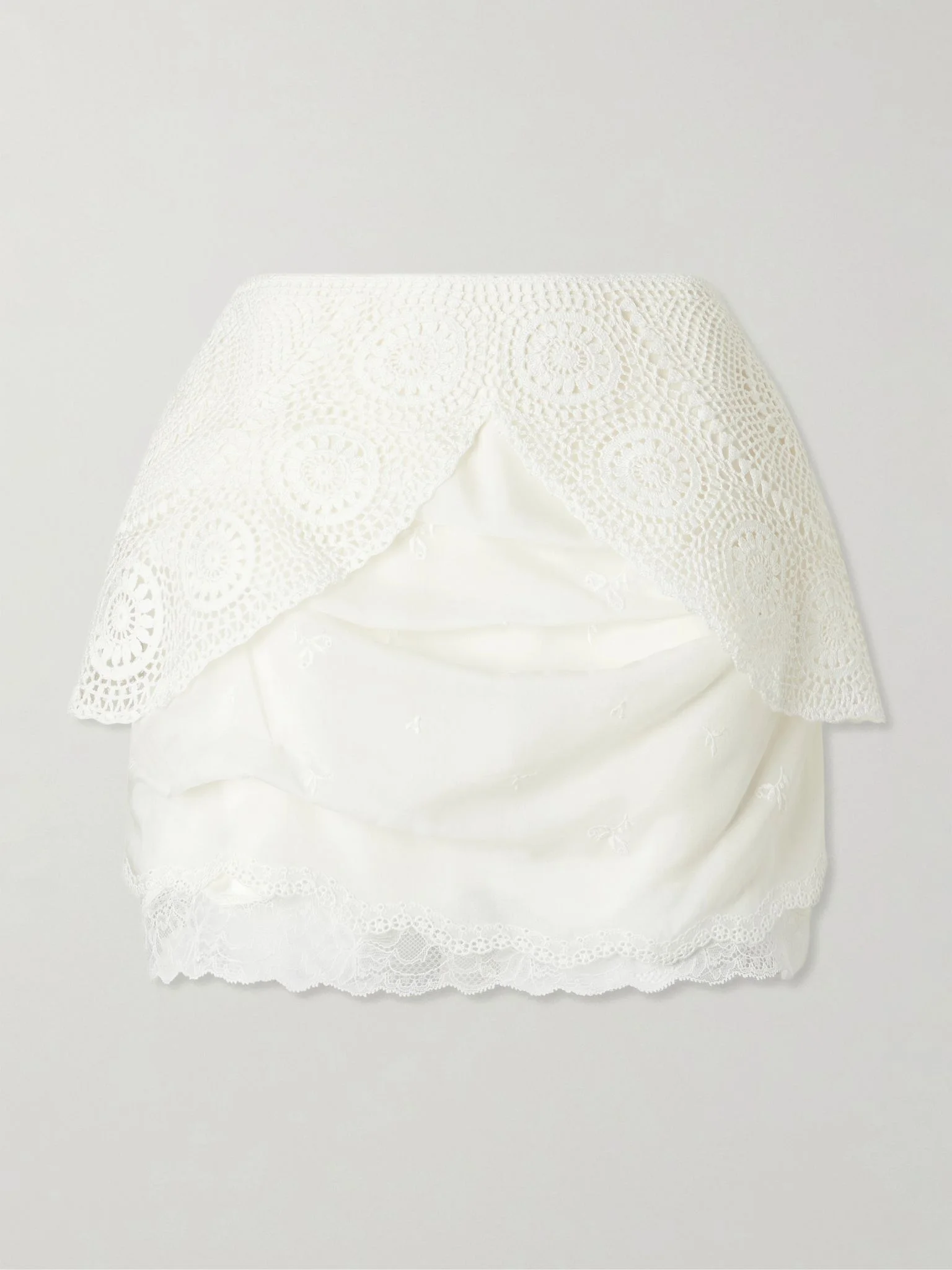 Lace-trimmed embroidered satin mini skirt White - 1