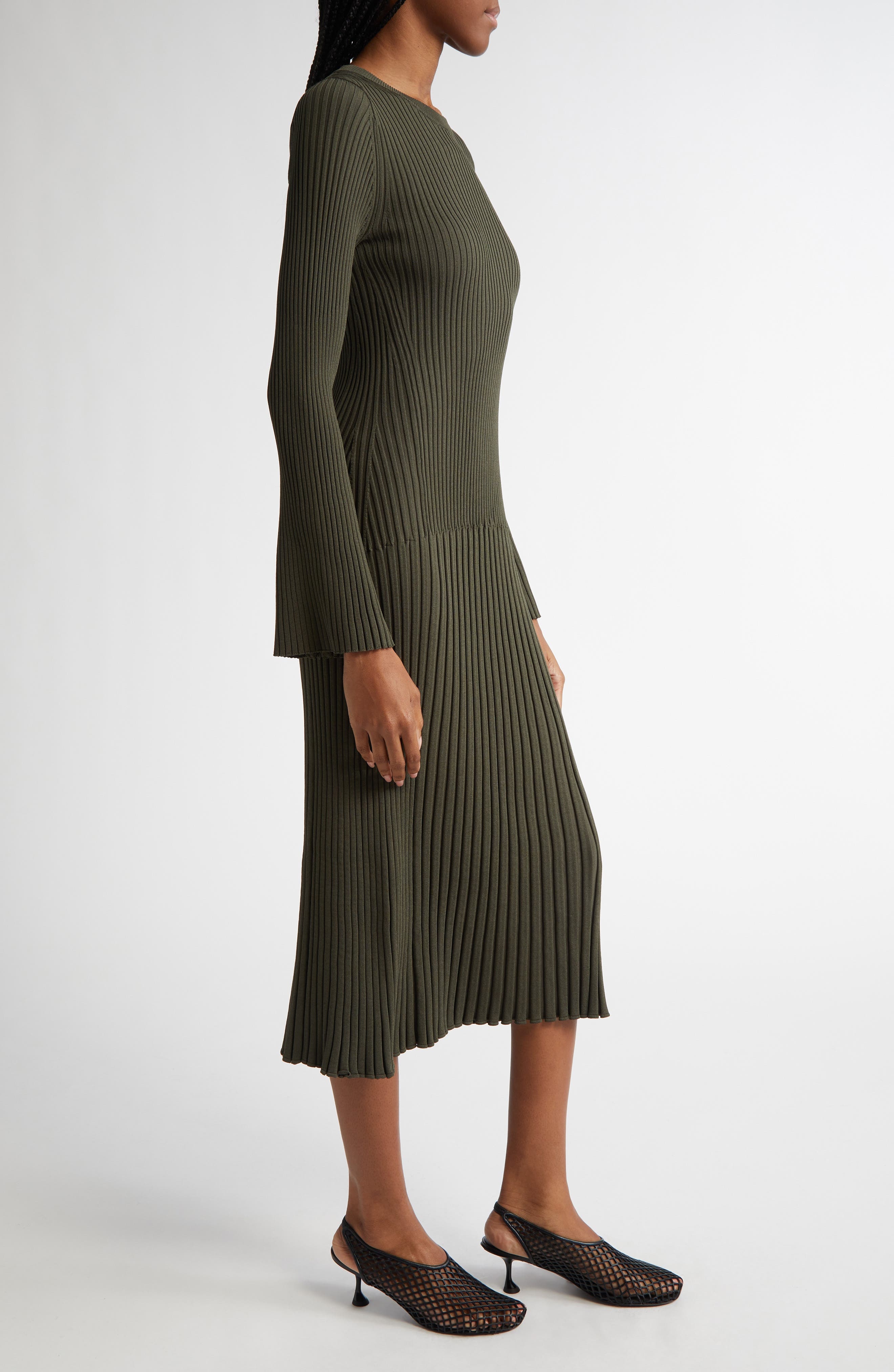 Proenza Schouler Kenna Long Sleeve Rib Midi Dress in Fatigue at Nordstrom - 3