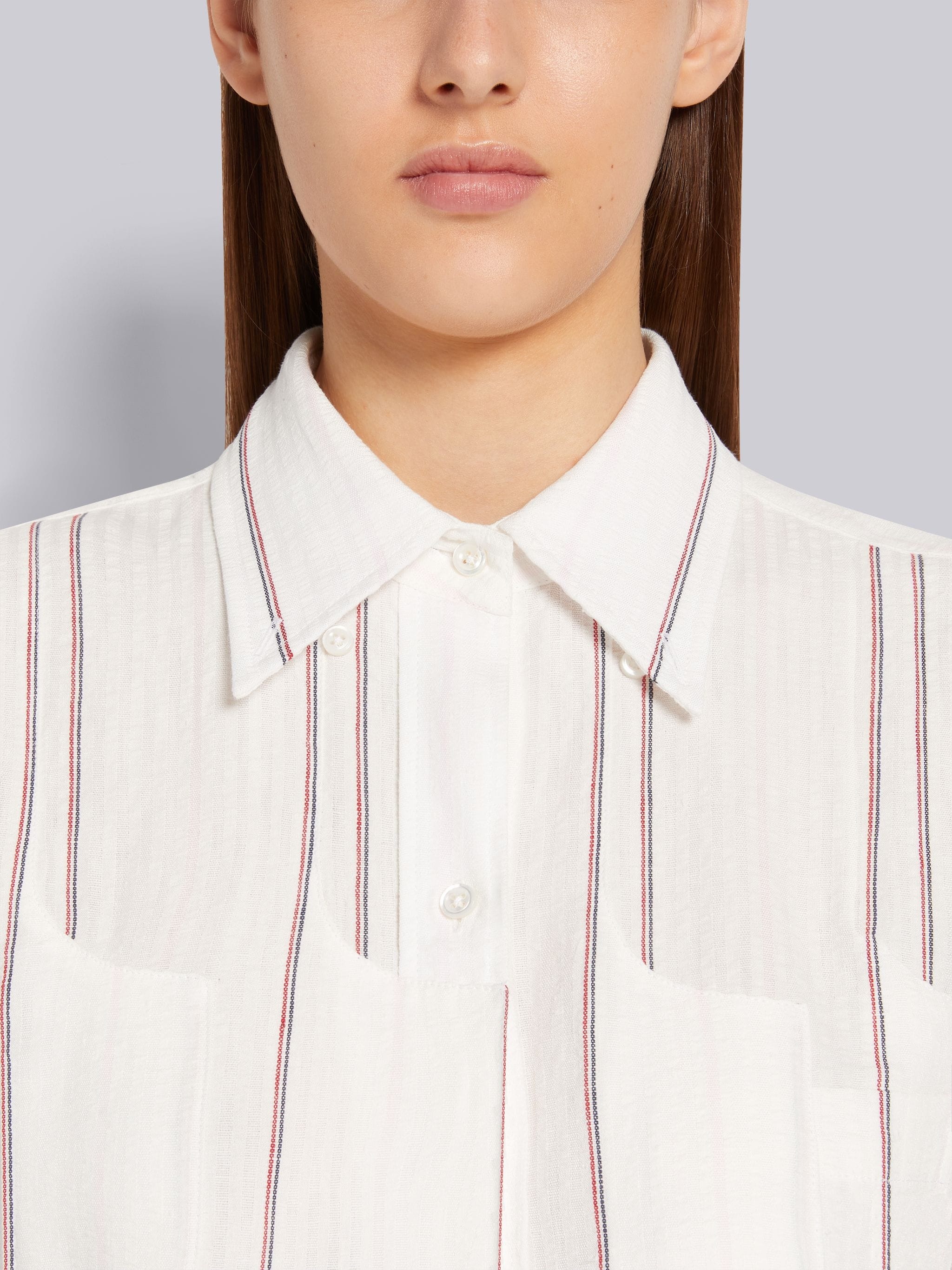Light Pink Pinstripe Seersucker Linen Inverted Pleat Below The Knee Short Sleeve Shirtdress - 5