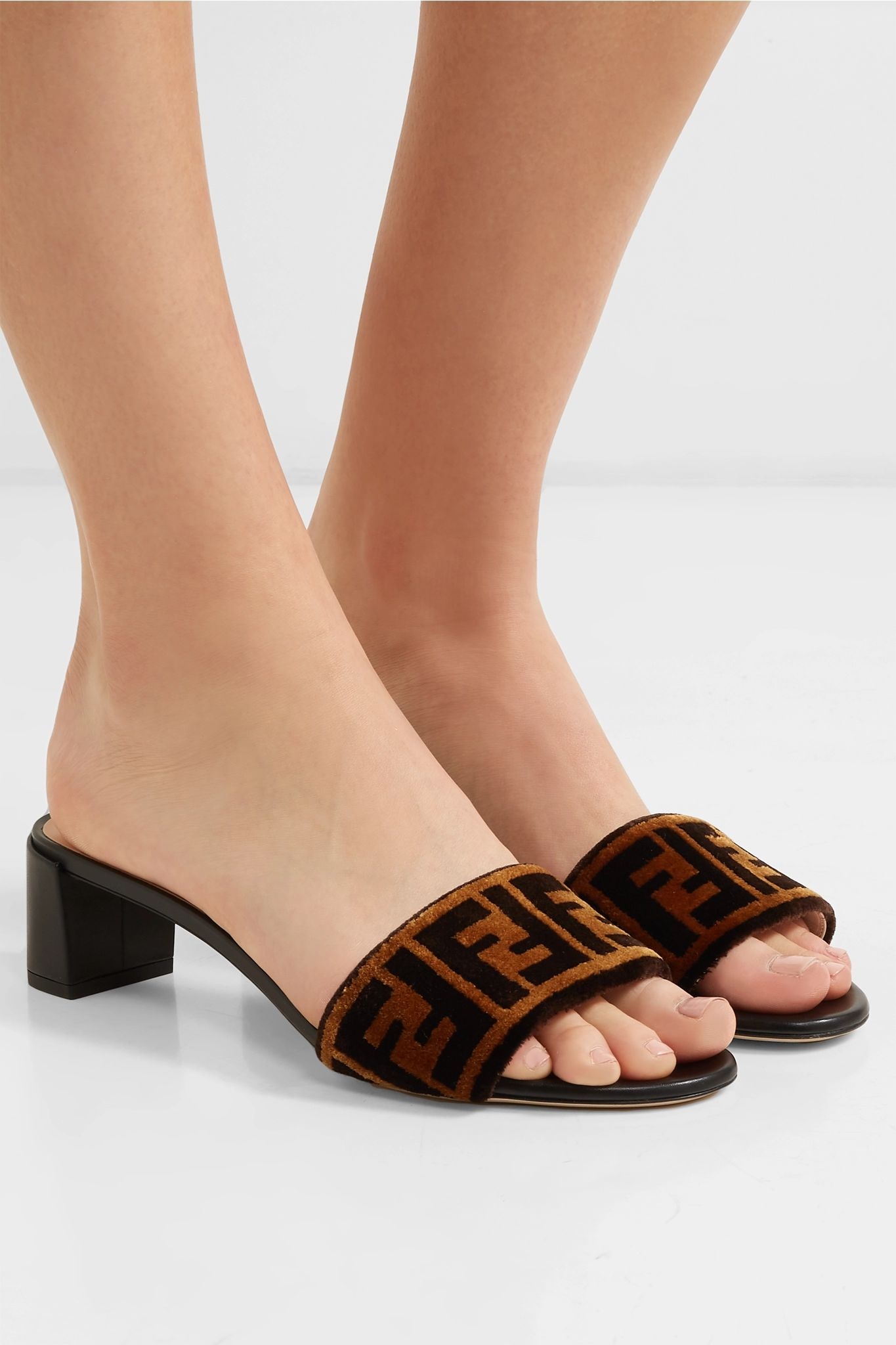 Logo-print velvet and leather mules - 2