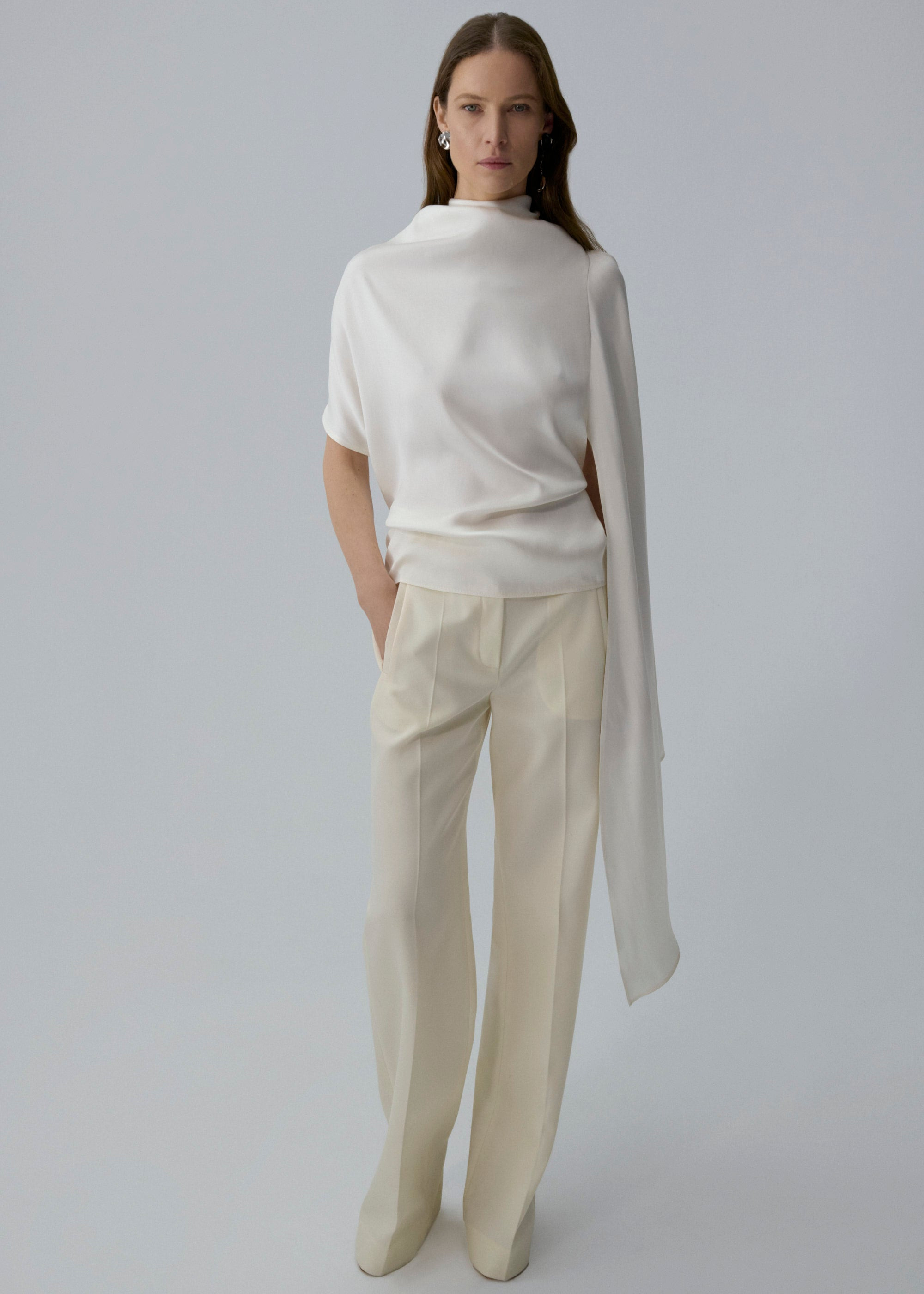 Silk asymmetric scarf blouse in white - 3