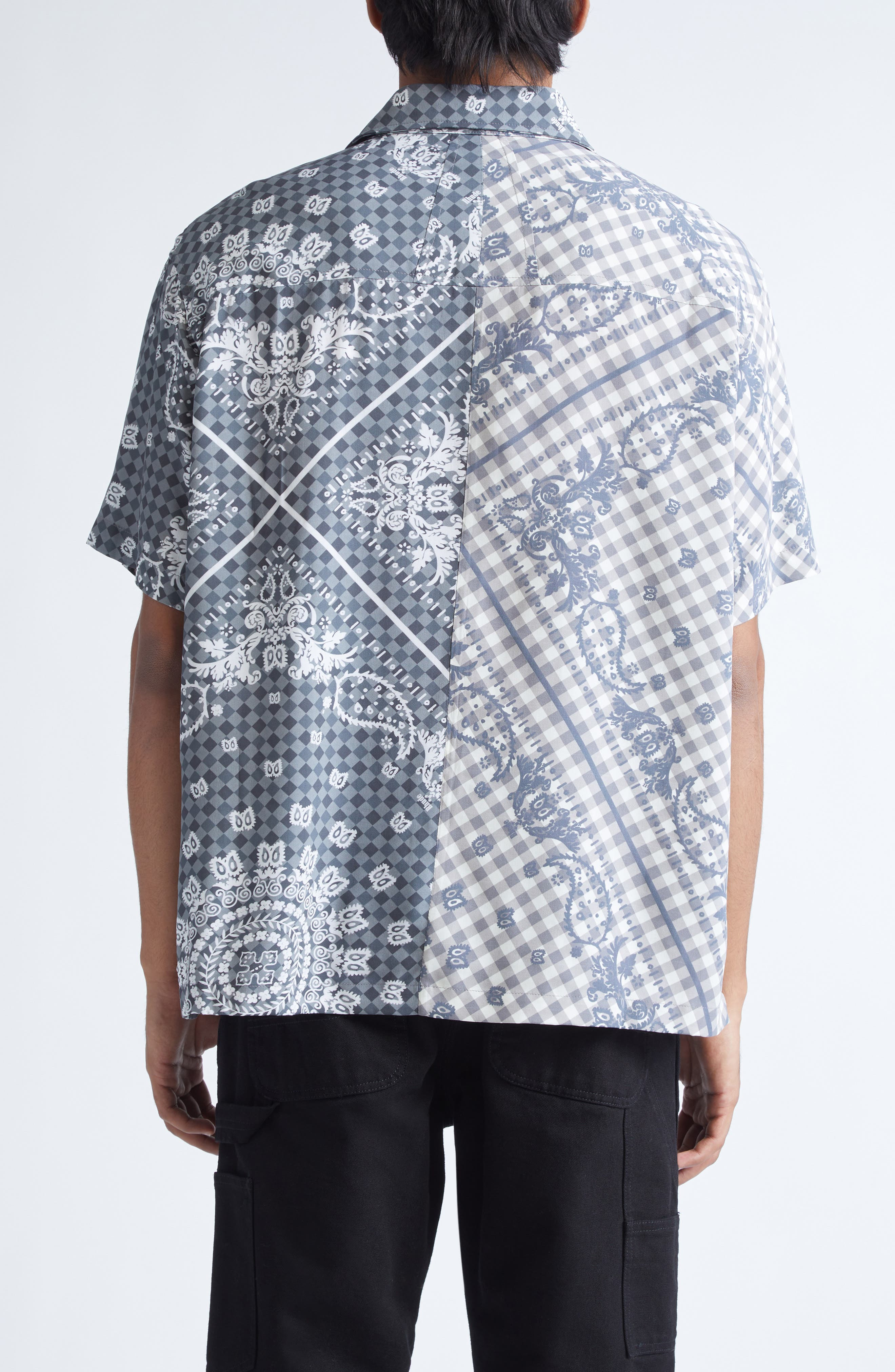 Rhude Split Gingham & Bandana Print Short Sleeve Button-Up Shirt in Black /White 3028 at Nordstrom - 2