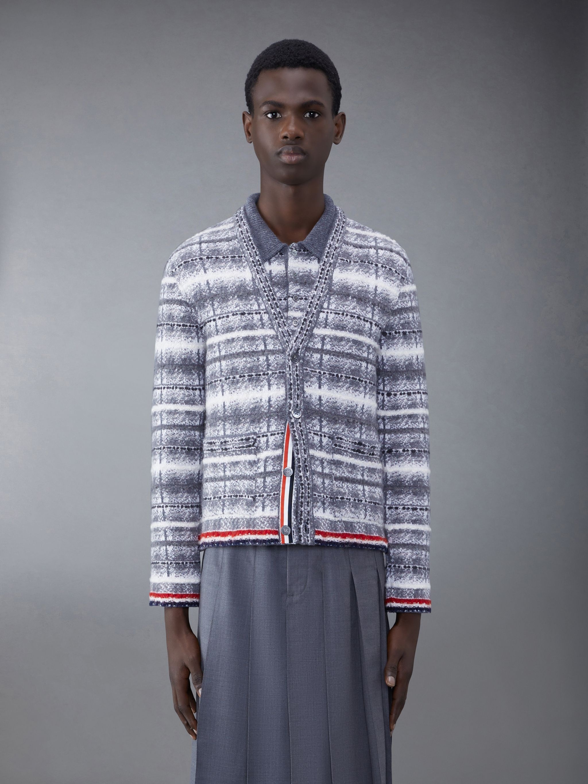 Tb Tartan Check Inlay Jacquard Classic V Neck Cardigan in Merino Wool & Mohair W/ Rwb Stripe - 1