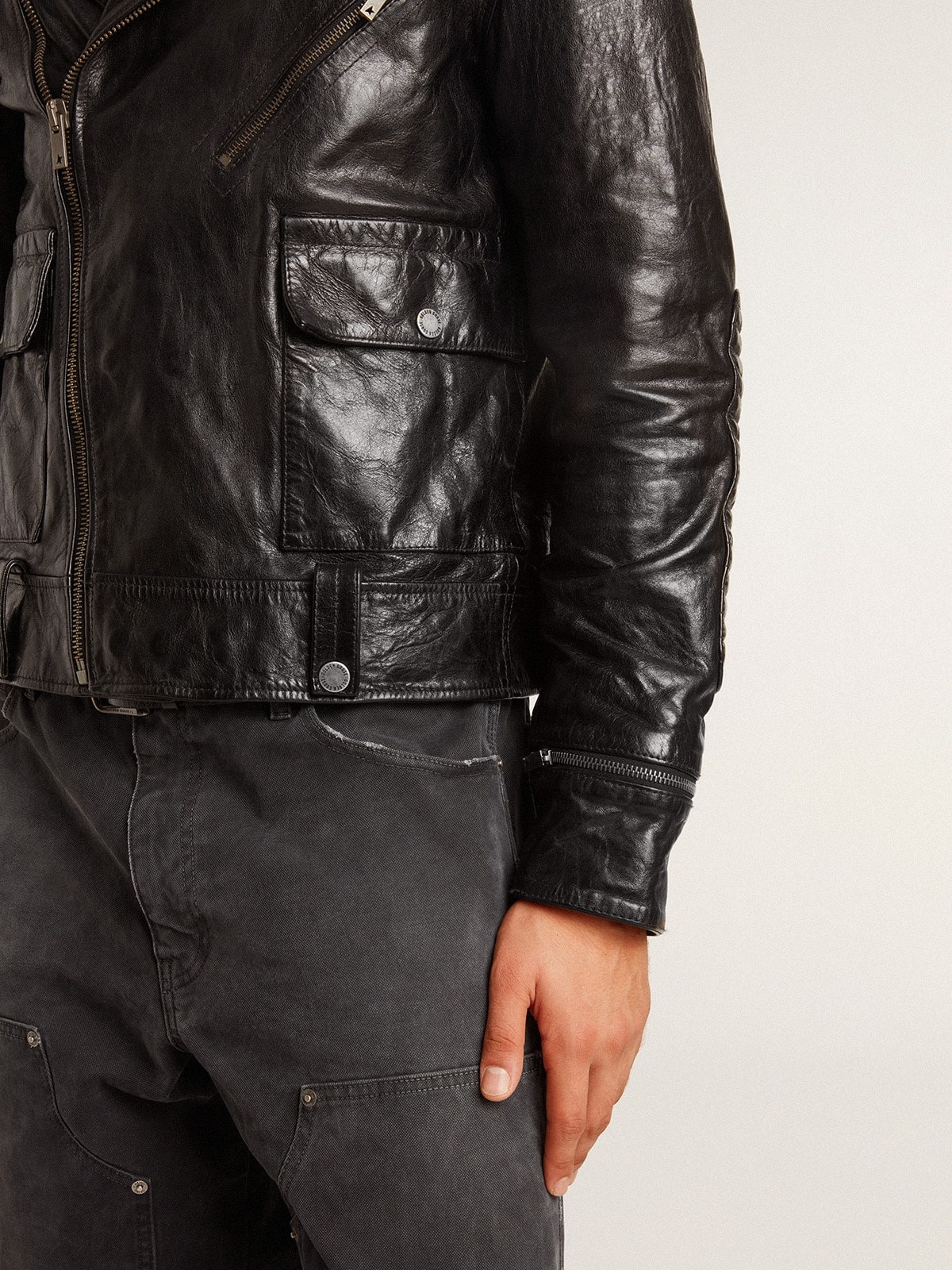 Men's black leather biker jacket with glossy effect - 6