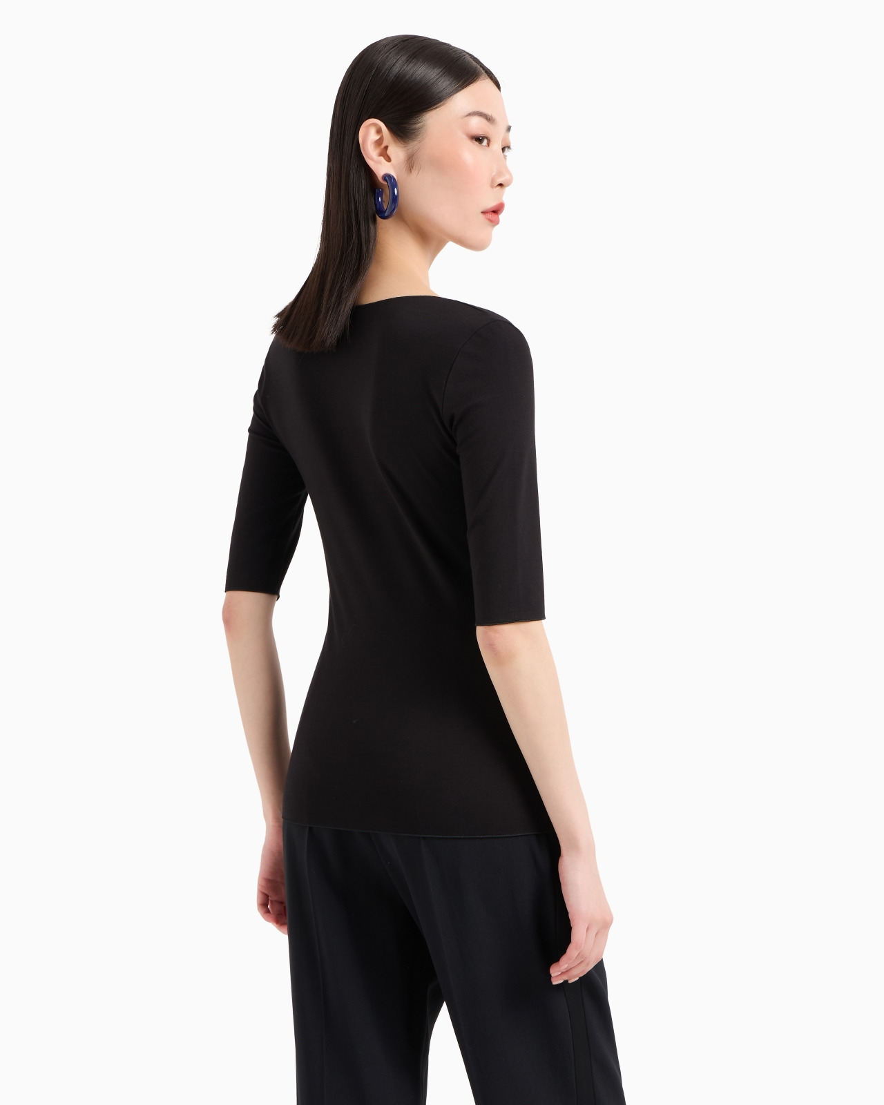 Viscose stretch jersey V-neck jumper with three-quarter length sleeves - 3