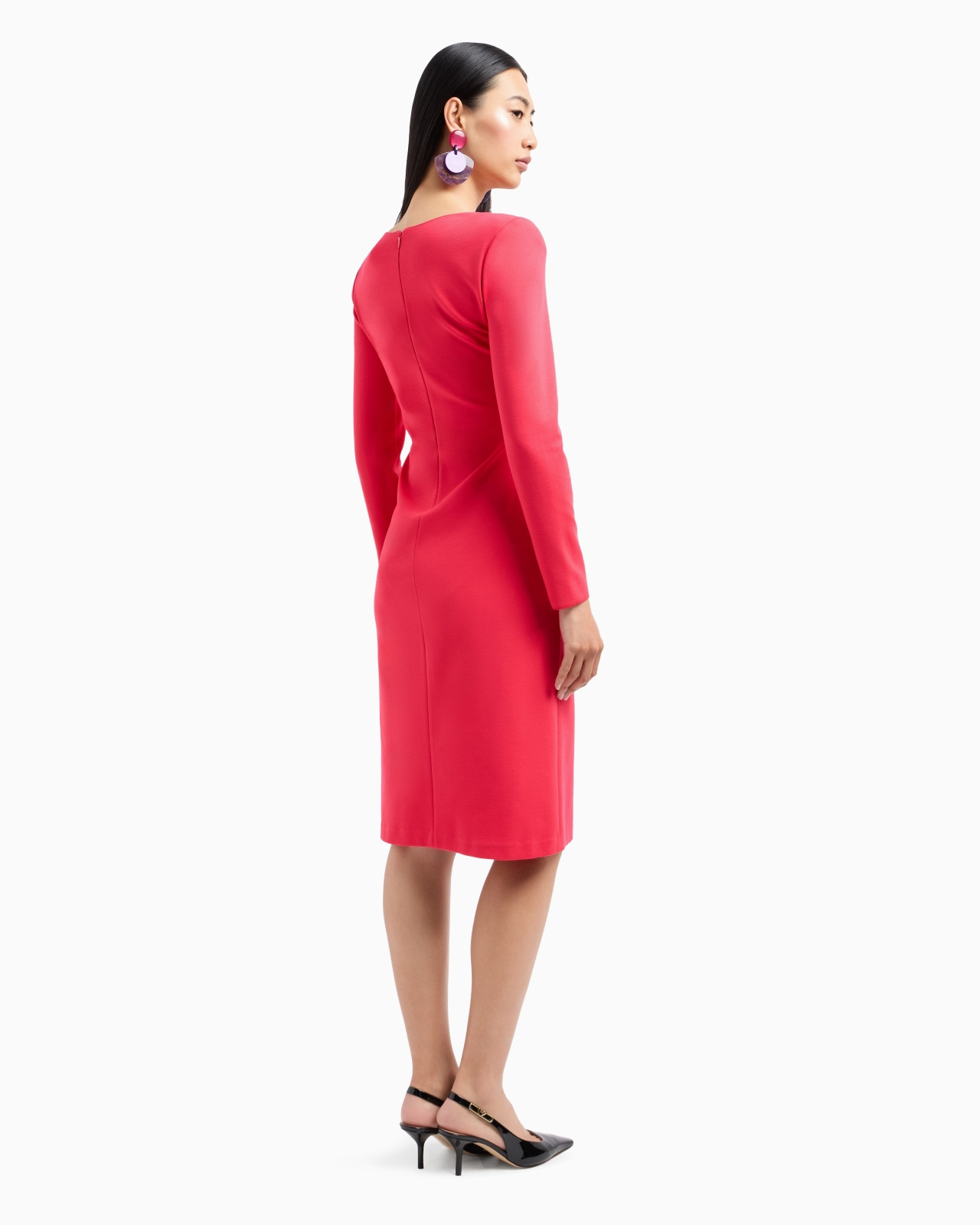 Stretch Milano stitch fabric dress with asymmetric cross-over and draping - 3