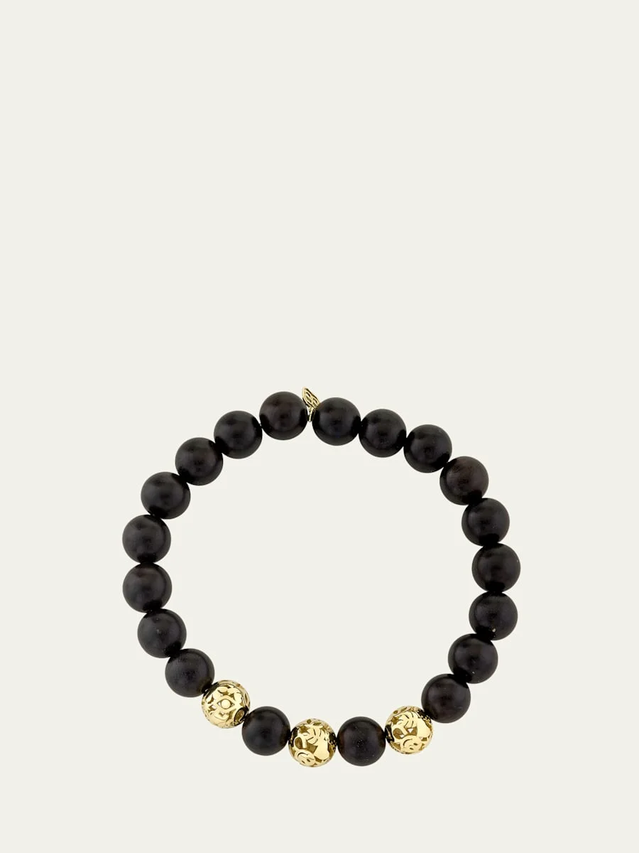 14K Yellow Gold & Ebony Wood Beaded Stretch Bracelet - 1