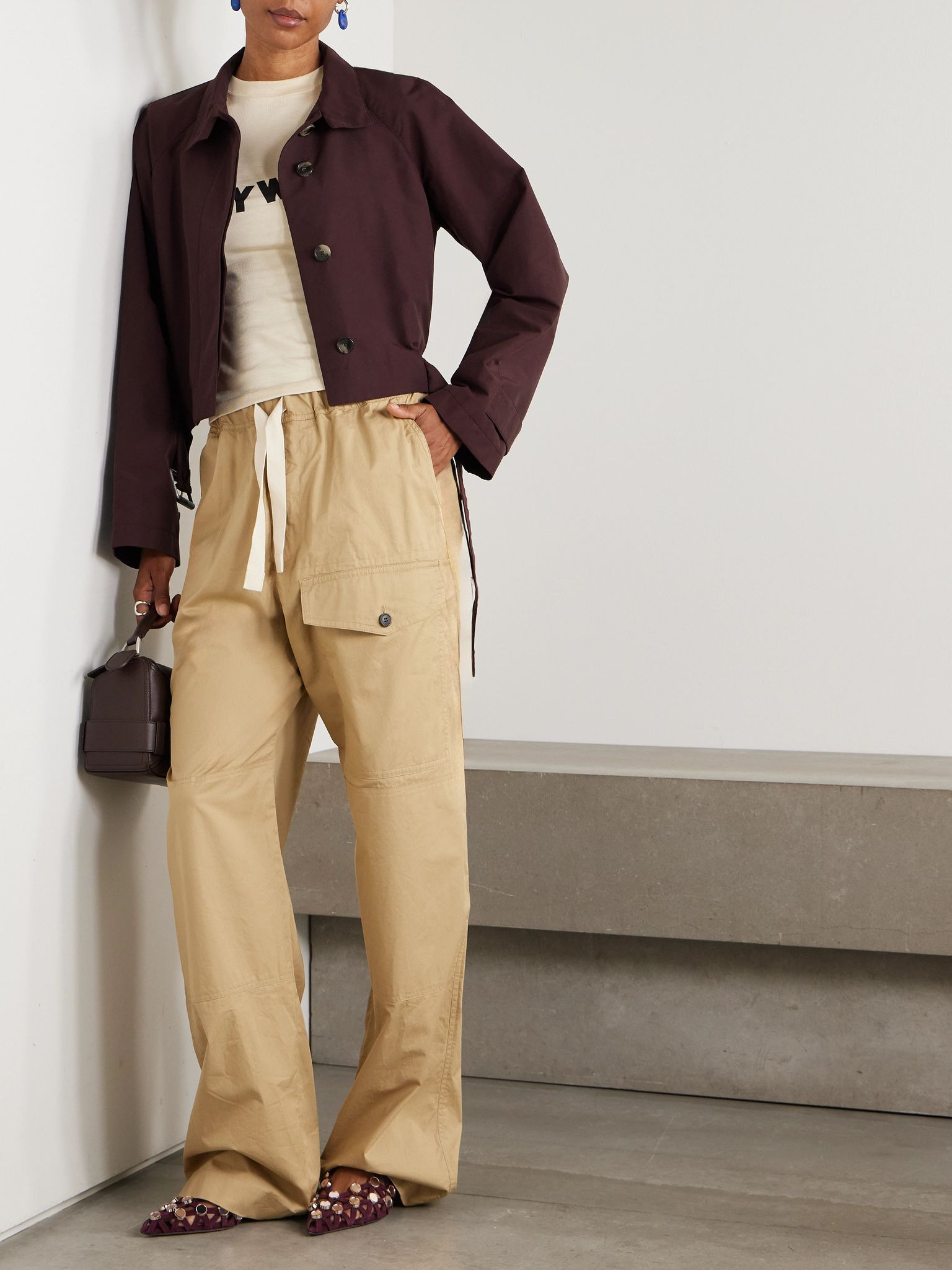 Belted cotton-blend shell jacket Burgundy - 2
