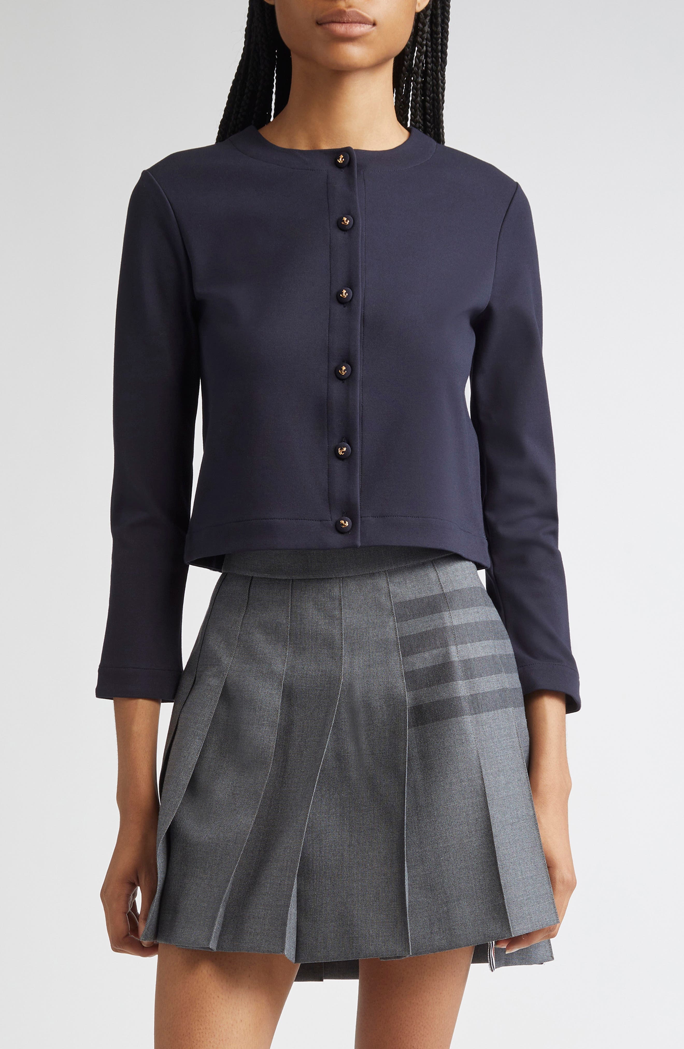 Thom Browne Crewneck Cardigan with Anchor Embossed Buttons in Navy at Nordstrom - 1
