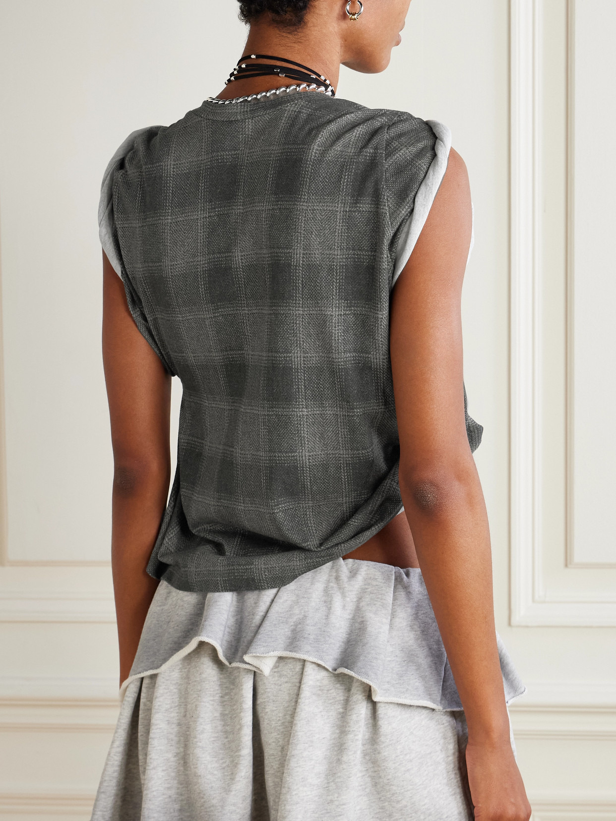 Asymmetric Checked Cotton T-shirt - 3